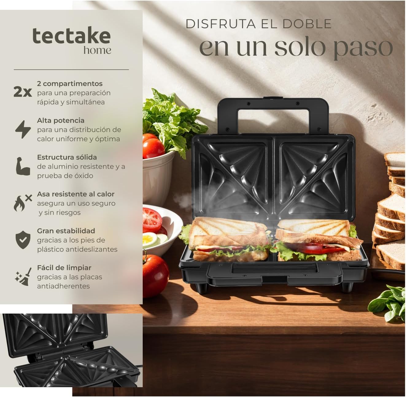 tectake SK1000W Electric Sandwich Maker open, showing non-stick plates and key features.
