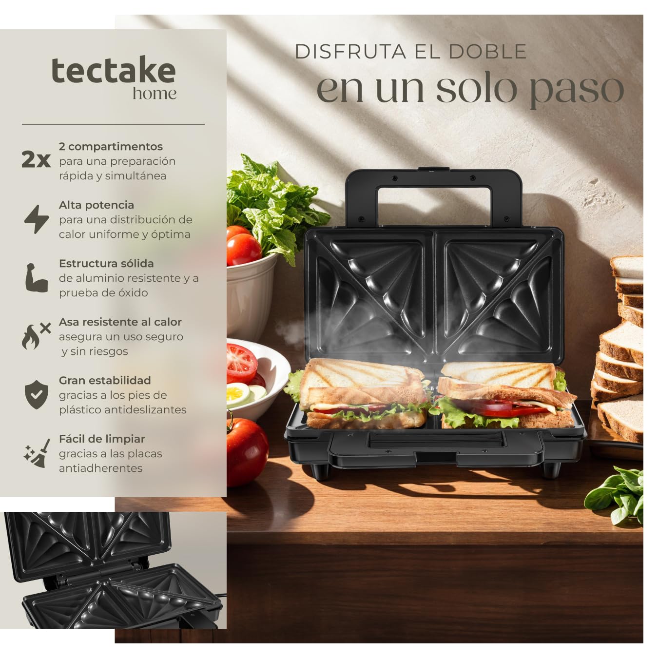 tectake® Sandwichera Eléctrica Antiadherente, Resistente al Calor, Parrilla Eléctrica, Grill Sandwichera, de Aluminio, Tostadora de Sándwiches, Control Automático, Capacidad 2 Unidades