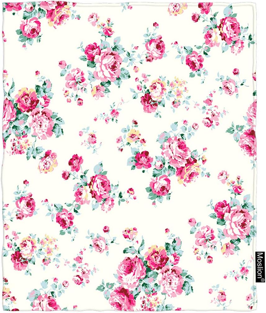 Moslion Floral Blanket Vintage Pink Rose Flower Green Leaves in Spring for Wedding Throw Blanket Flannel Home Decorative Soft Cozy Blankets 60x80 Inch for Adults Kids Sofa