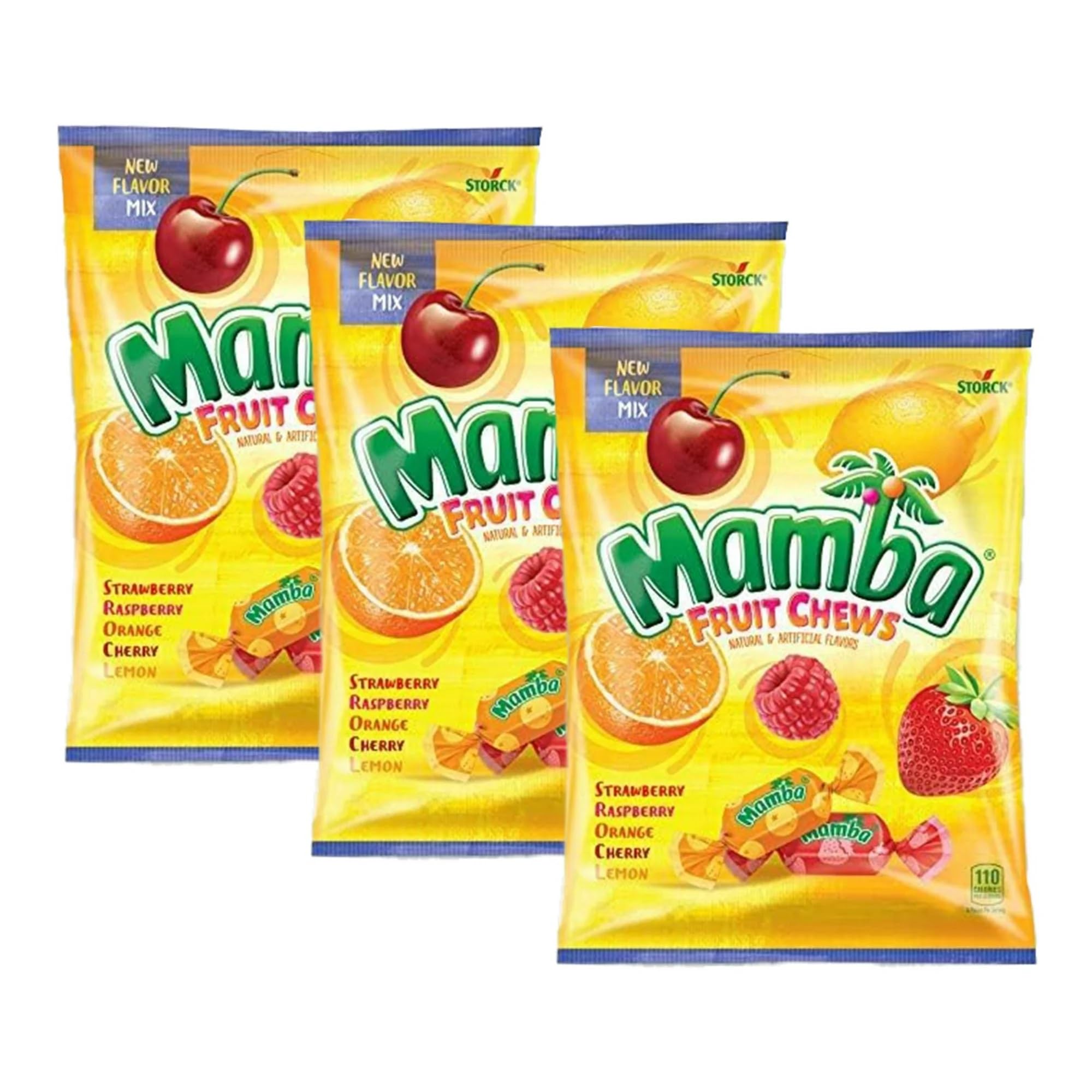 Mamba Fruit Chews Candy | Fruit Flavor Mix - Strawberry, Rasberry, Orange, Cherry, Lemon (3.52 Oz) 3 Bags | CHQ Mini Treat Box Included