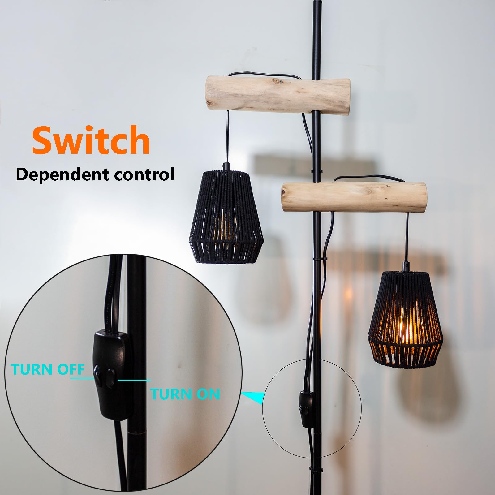 Stehleuchte Boho Vintage mit 2 Schirmen, Holz, Schwarz, 169cm | Industrielle Stehlampe, Für Wohnzimmer, Für Schlafzimmer, Für Kinderzimmer