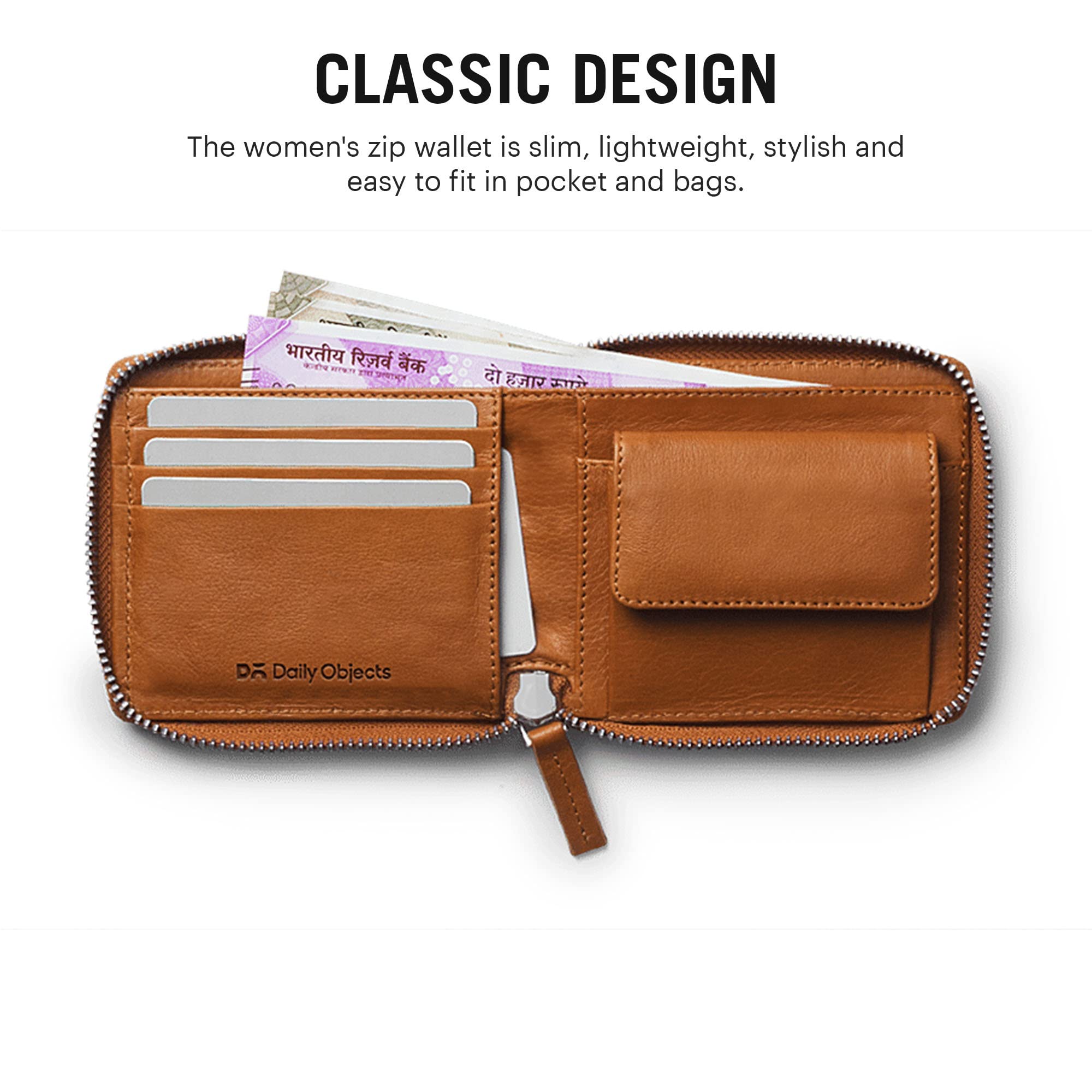 DailyObjects Tan Women's Zip Wallet | Made with Leather Material | Carefully Handcrafted | Holds up to 8 Cards | Slim and Easy to Fit in Pocket | Coin Pocket with Button Closure