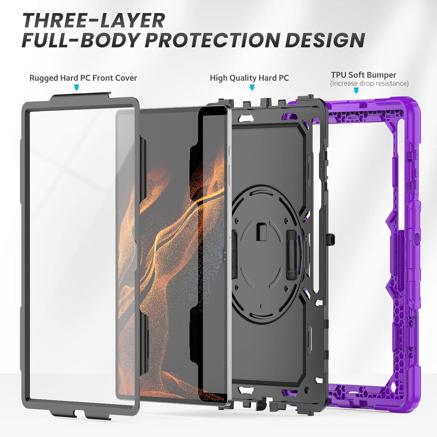 Case for Samsung Galaxy Tab S8 Ultra/S9 Ultra 14.6'', 3-Layer Rugged Military Grade Shockproof Case for Tab S8 Ultra/S9 Ultra with 360° Swivel Handle, S-Pen Holder, Shoulder Strap, Purple