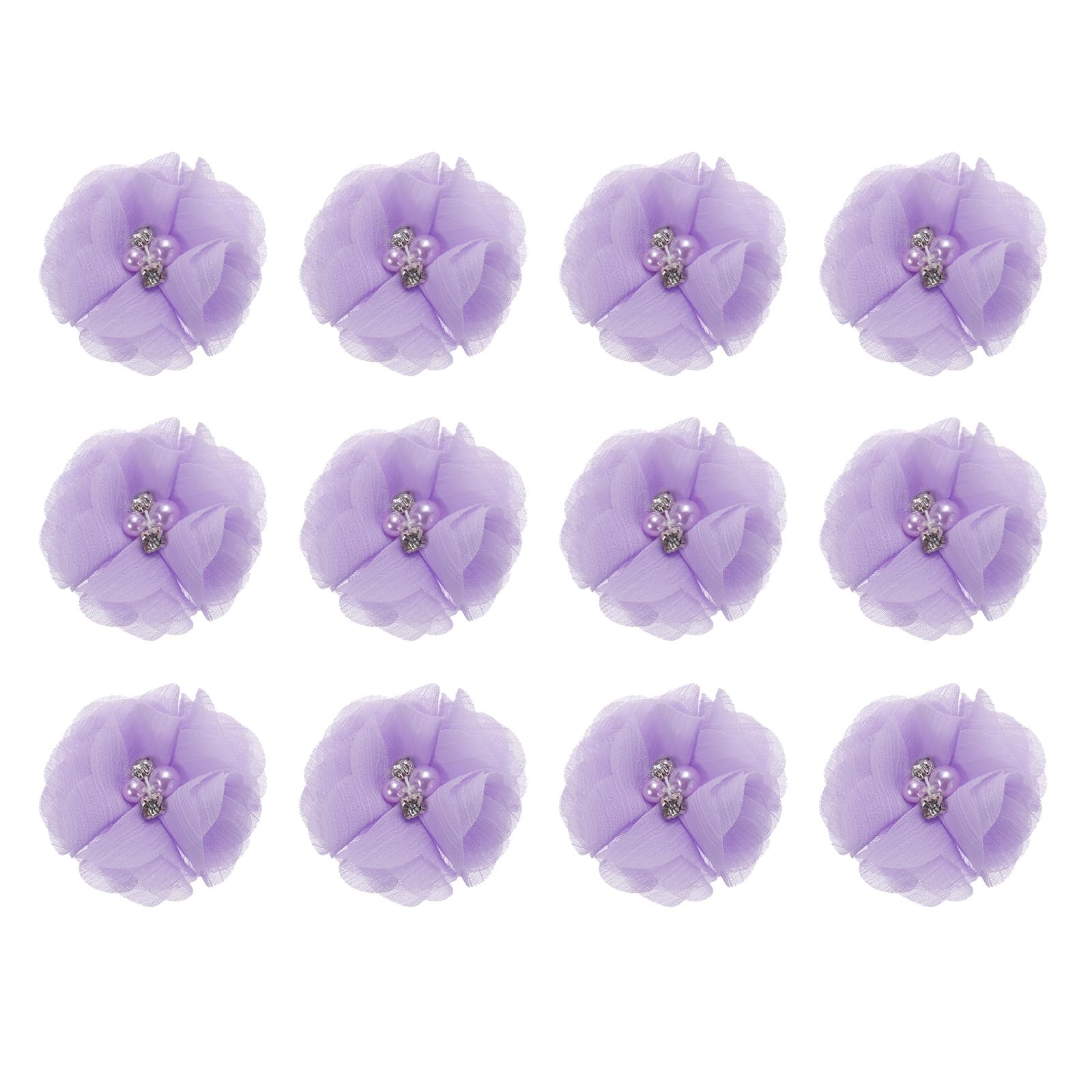 sourcing map Artificial Rhinestone Chiffon Flower Heads, Light Purple Faux Flowers 2 Inch for DIY Craft Wedding and Party Decoration Pack of 12