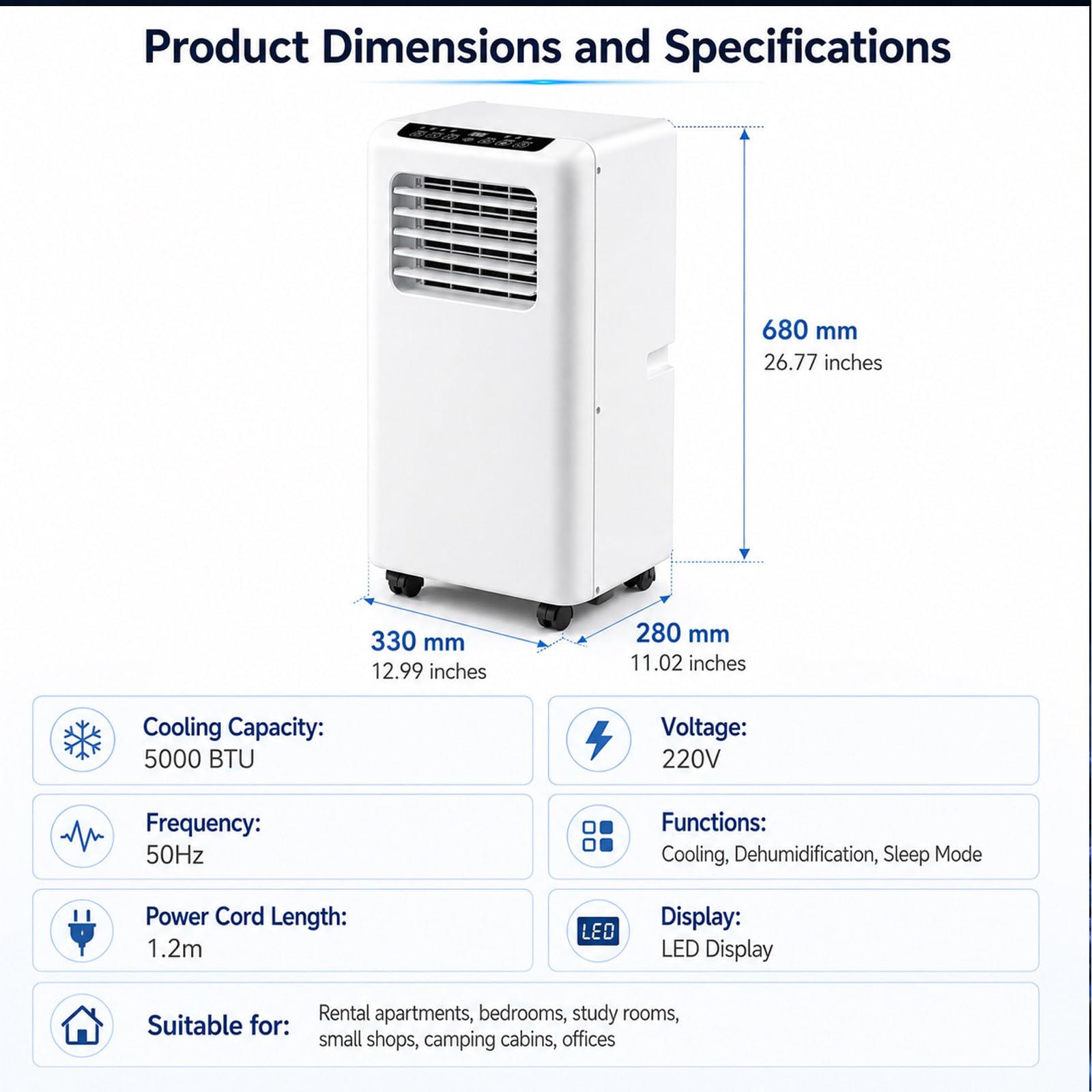 Condizionatore Portatile 5000 BTU unità Raffreddamento | Unità Compatta Con Modalità Ventilatore E Deumidificatore Telecomando Kit Finestra Timer 24H Camera Ufficio Casa