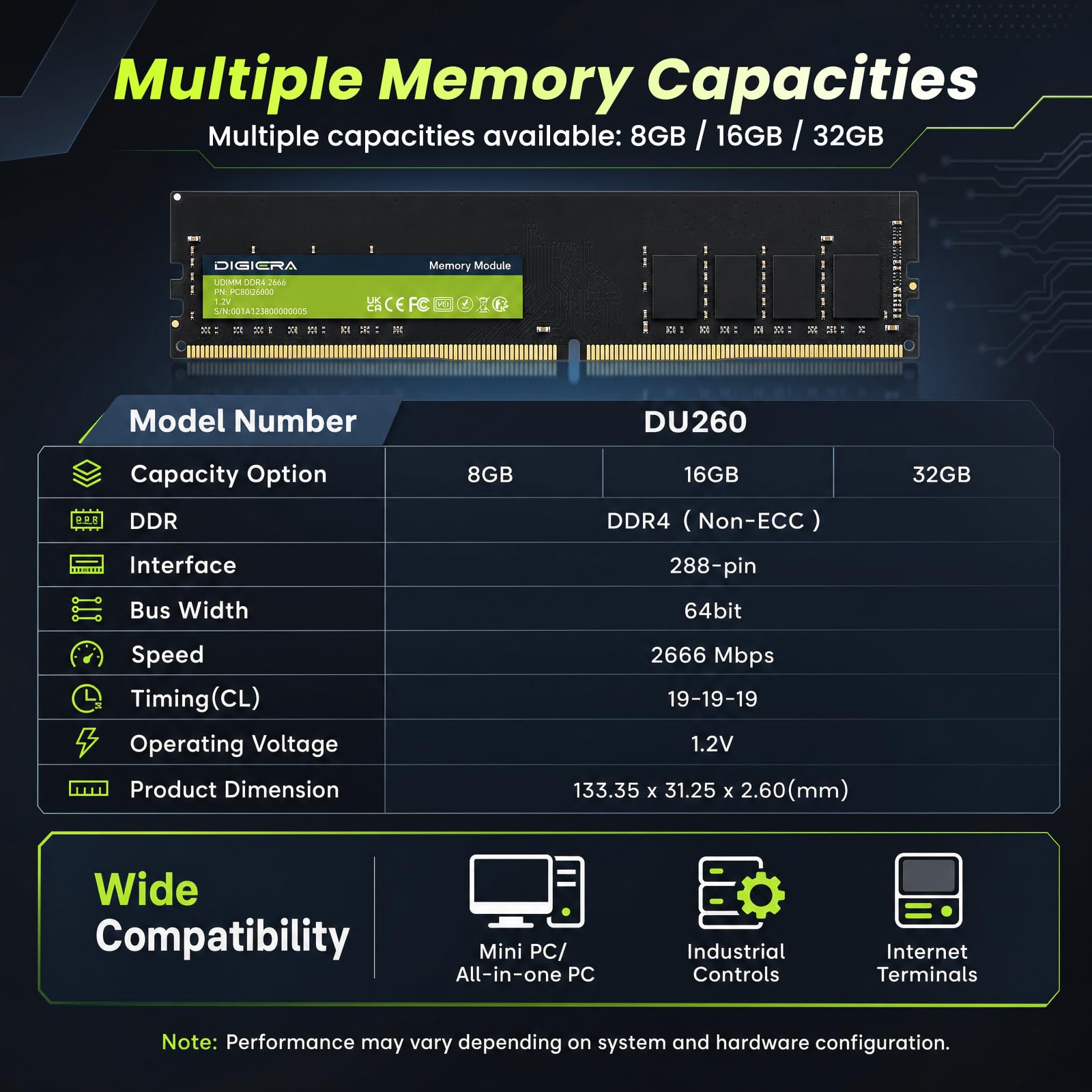 8GB DDR4 2666 MHz DIGIERA DU260 UDIMM Desktop RAM 288-Pin, 1,2 V, CL19, Non-ECC Speichermodul