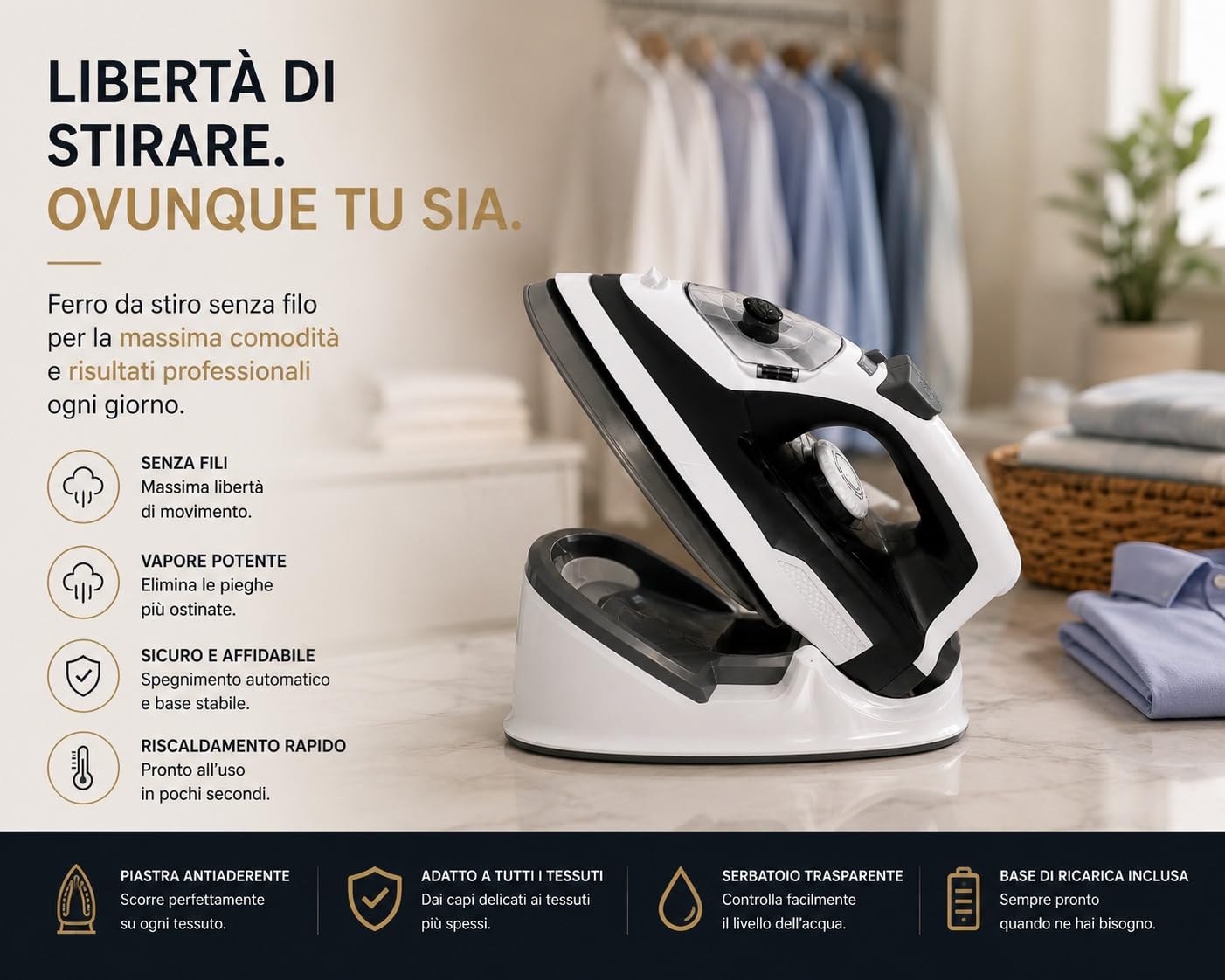 Ferro da Stiro a Vapore 1600 W senza fili Ferro da Stiro per Vestiti, Spegnimento Automatico, Autopulente, Quattro Impostazioni di Temperatura, Riscaldamento Rapido, Antigoccia