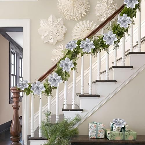 Miniatura 7 de 16 flores de pascua plateadas para árbol de Navidad con purpurina, flores de Pascua artificiales para decoración de flores de Pascua con clip para