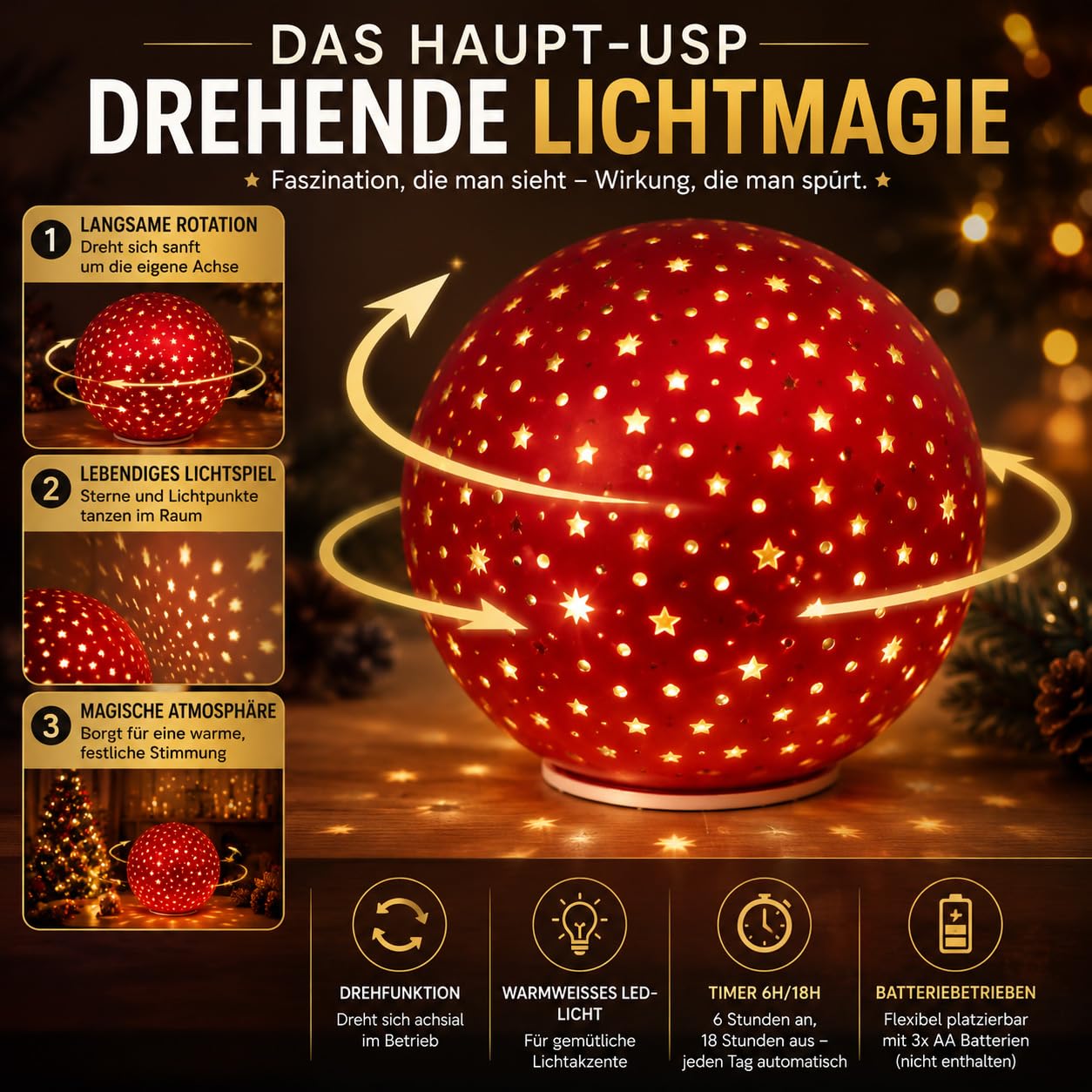 formano Świecąca kula LED, 20 cm, obracana z timerem, dekoracja