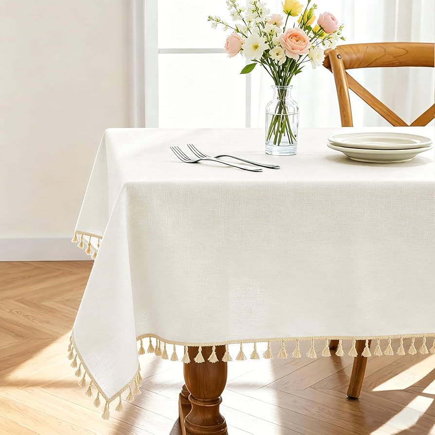 Alsoo Table Cloth Rectangle Table 55" x 106" Linen Look Texture Cotton Tablecloth Waterproof Wrinkle Free Heavy Duty Tables Cover with Tassel for Kitchen Dining Holiday Party, Ivory