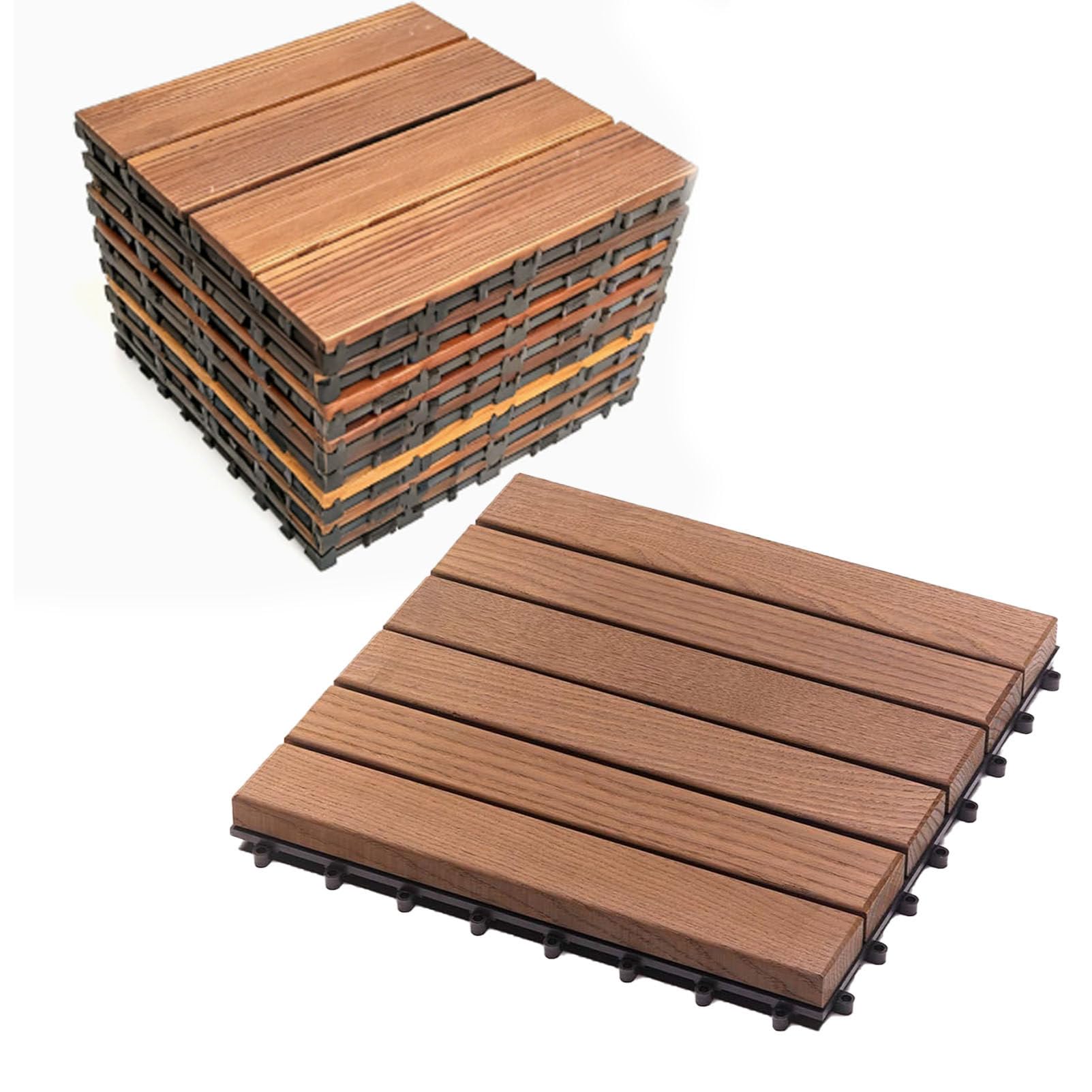 Piastrelle per pavimentazione in legno di acacia con base in PE 6-Slat-9pc | Pavimentazione a incastro 30x30 cm con sistema "click"; piastrelle in legno antiscivolo per esterni (giardini e terrazzi)