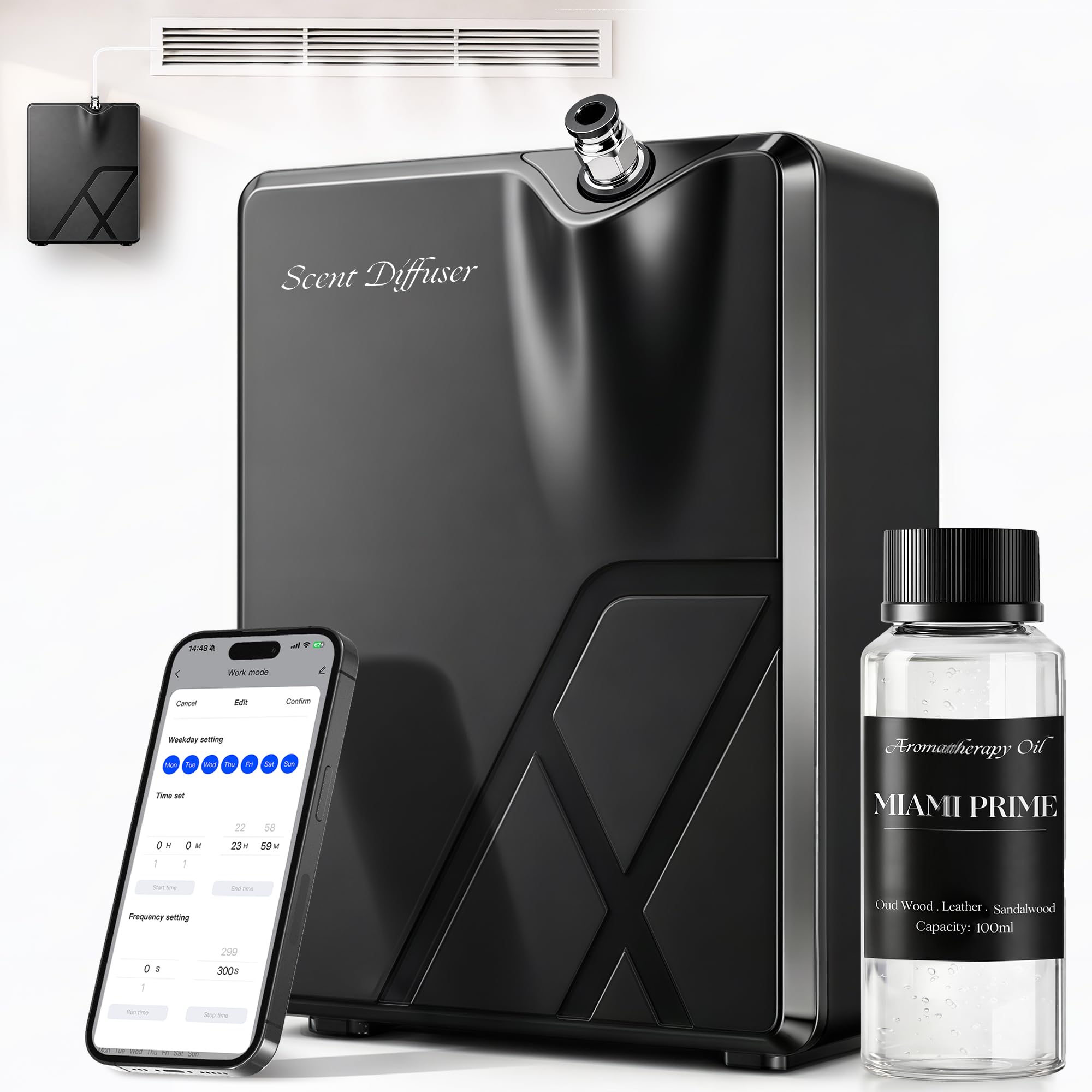 HVAC Scent Diffuser Kit with 100ml Oil, Scent Air Machine for Home & Hotel | Waterless Essential Oil Diffuser for Whole House, Large Room, Cold Air Tech, WiFi & App Control, 3000 Sq.Ft, Black