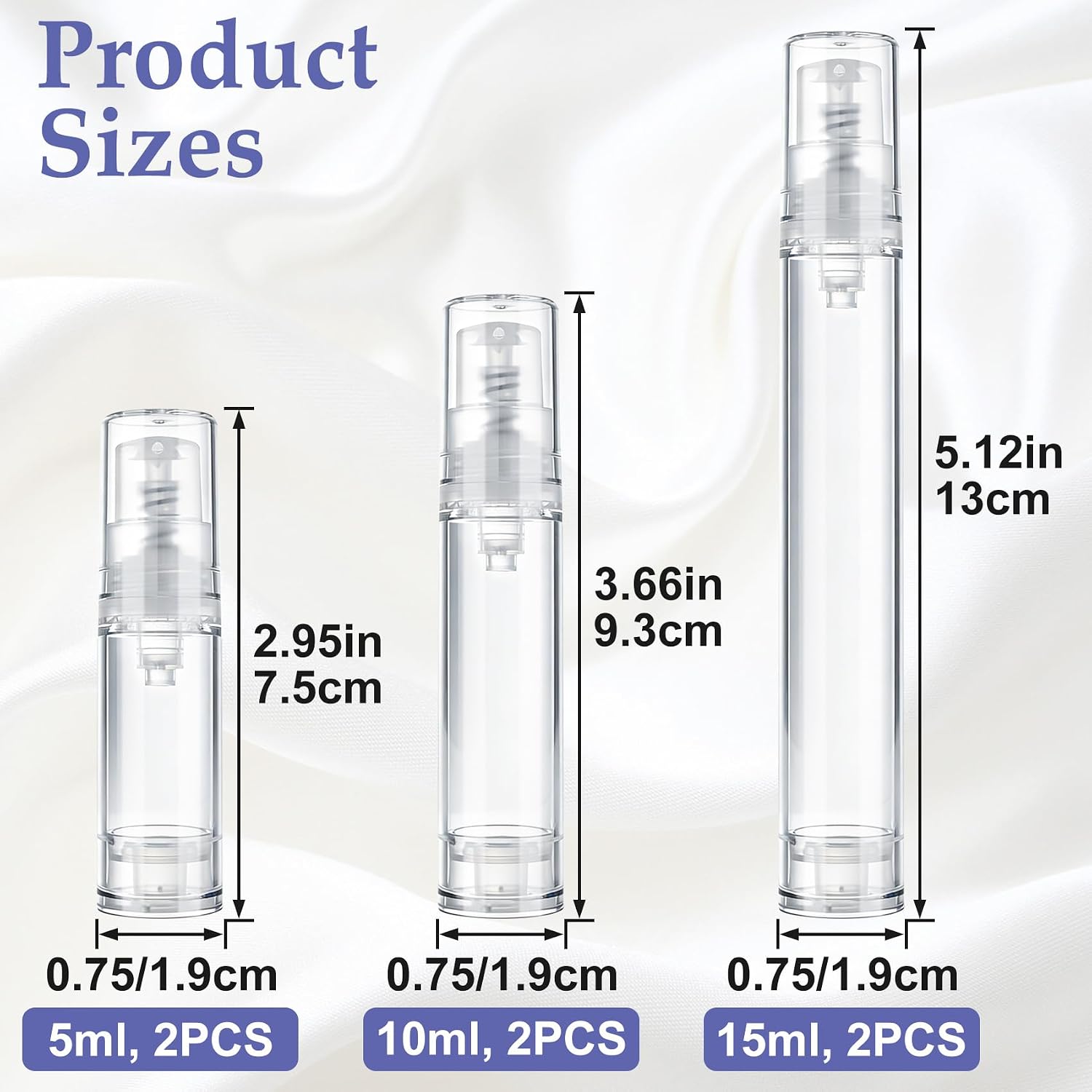 6PCS Airless Pump Bottle Travel, 5ml/10ml/15ml Refillable Vacuum Press Pump Bottles, Clear Plastic Lotion Container Travel Bottles for Toiletries Cosmetic DIY Foundation