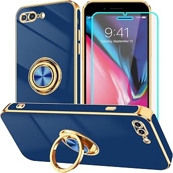 حافظة HNHYGETE لهاتف iPhone 8 Plus مع واقي شاشة نحيف وخفيف الوزن 360 حامل حلقي مقاوم للصدمات - حافظة واقية للهاتف لهاتف iPhone 7 Plus باللون الأزرق