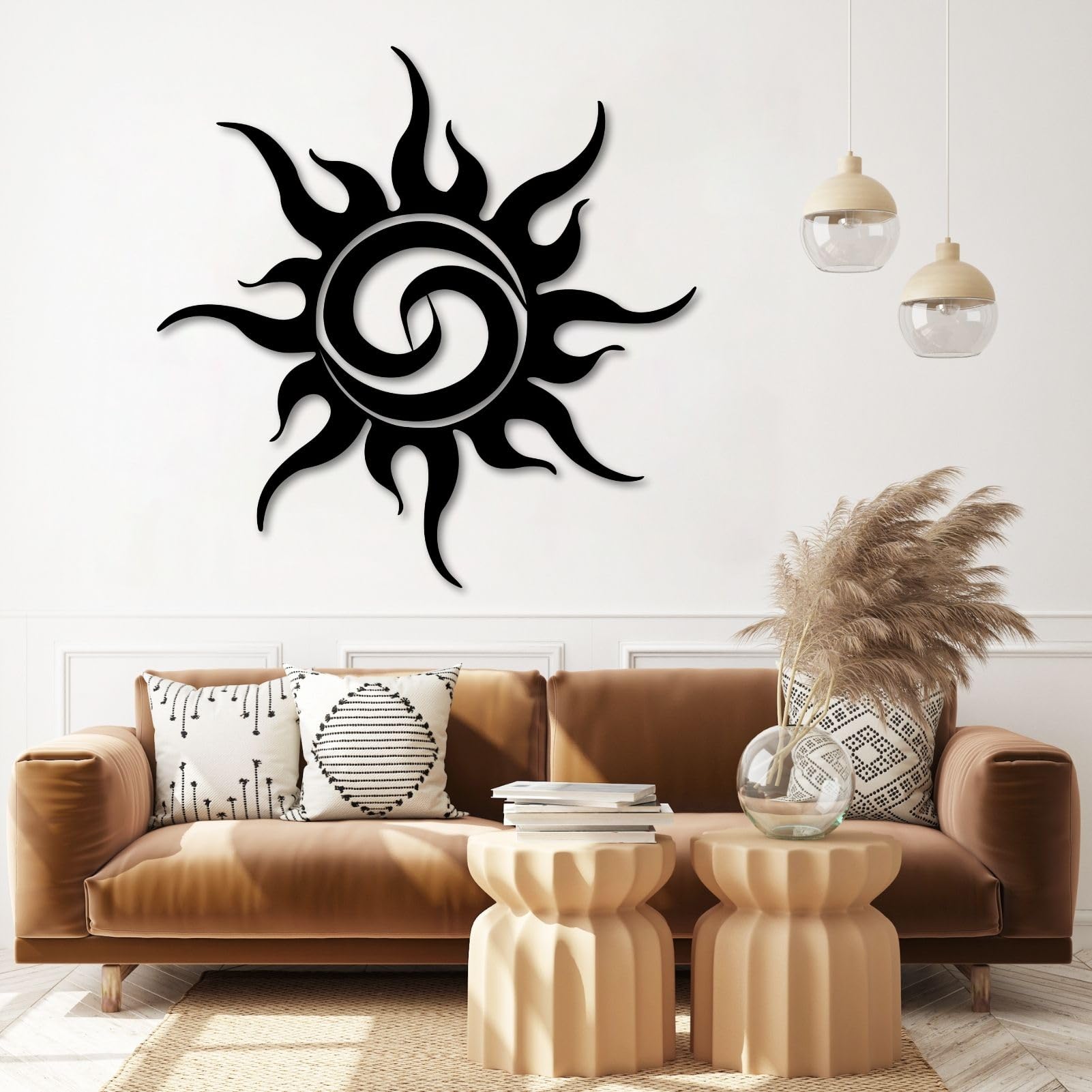 Art mural métal soleil noir 80x80cm, grand format abstrait de salon et chambre