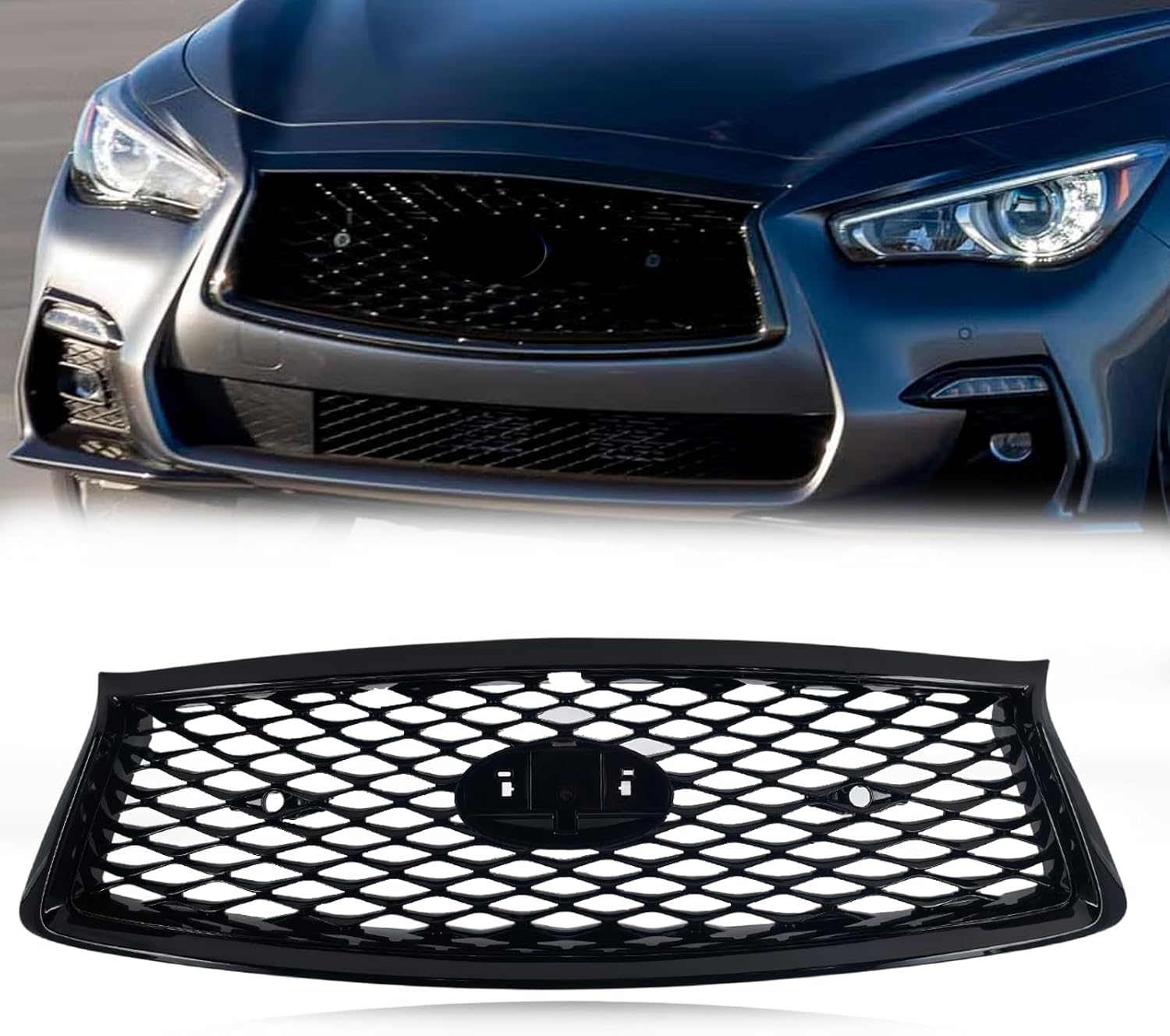 Front Bumper Upper Grill Replacement Compatible with 2018-2021 Infiniti Q50 Gloss Black Mesh Grille Assembly W/Sensor Hole W/Camera Hole