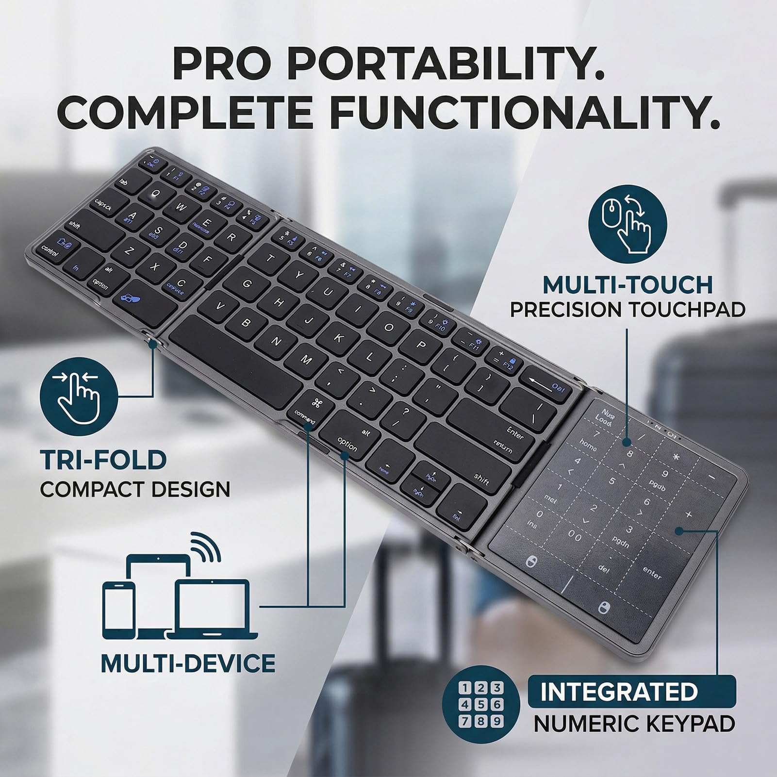 Dpofirs Tastiera Portatile Pieghevole con Touchpad, Tastiera da Viaggio Wireless Bluetooth per Smartphone, Tablet e Laptop