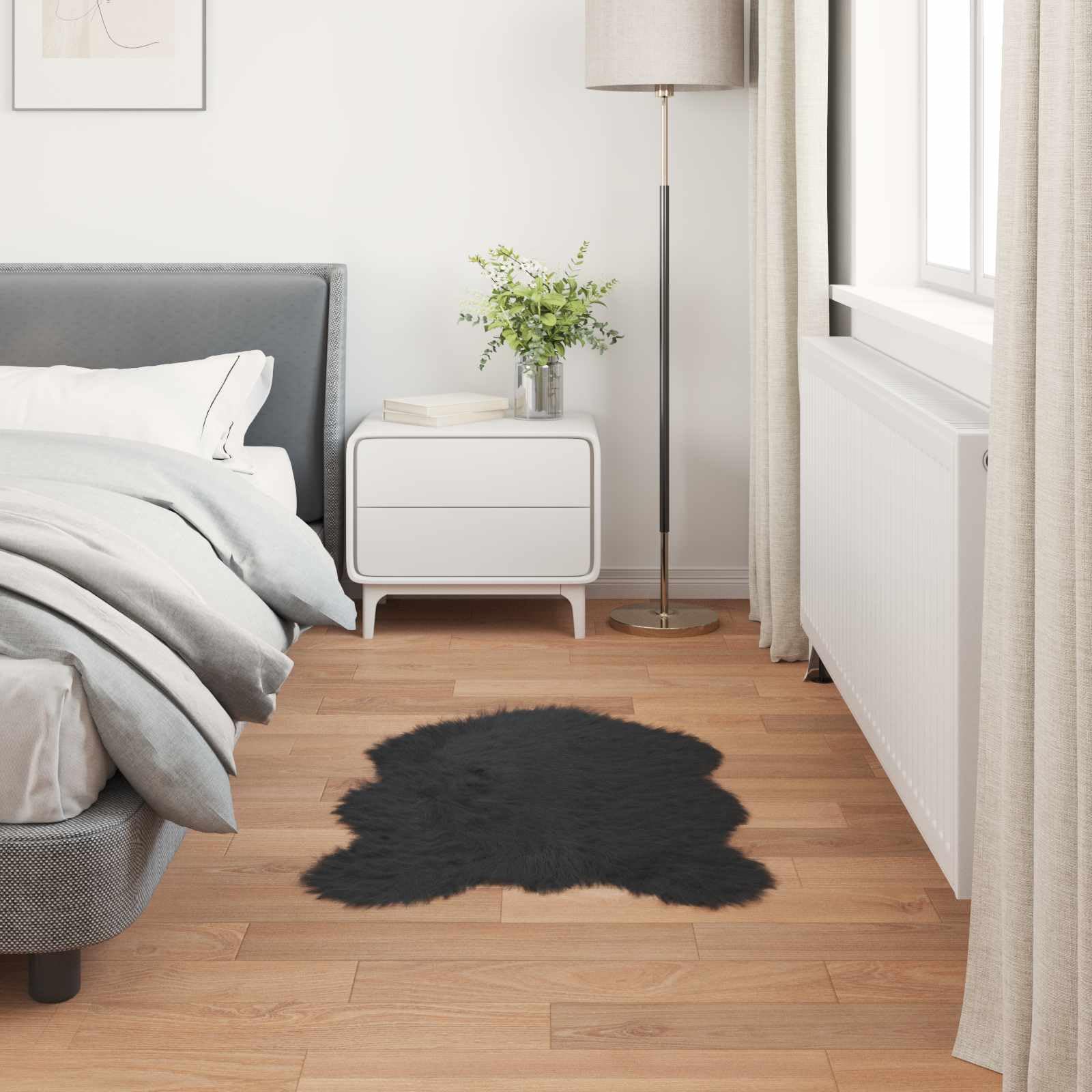 Tappeto in Finta Pelle di Pecora Nero 80x120 cm Per Interni | Morbido scendiletto sagomato a pelo lungo per soggiorno e camera da letto, dona calore alla casa.