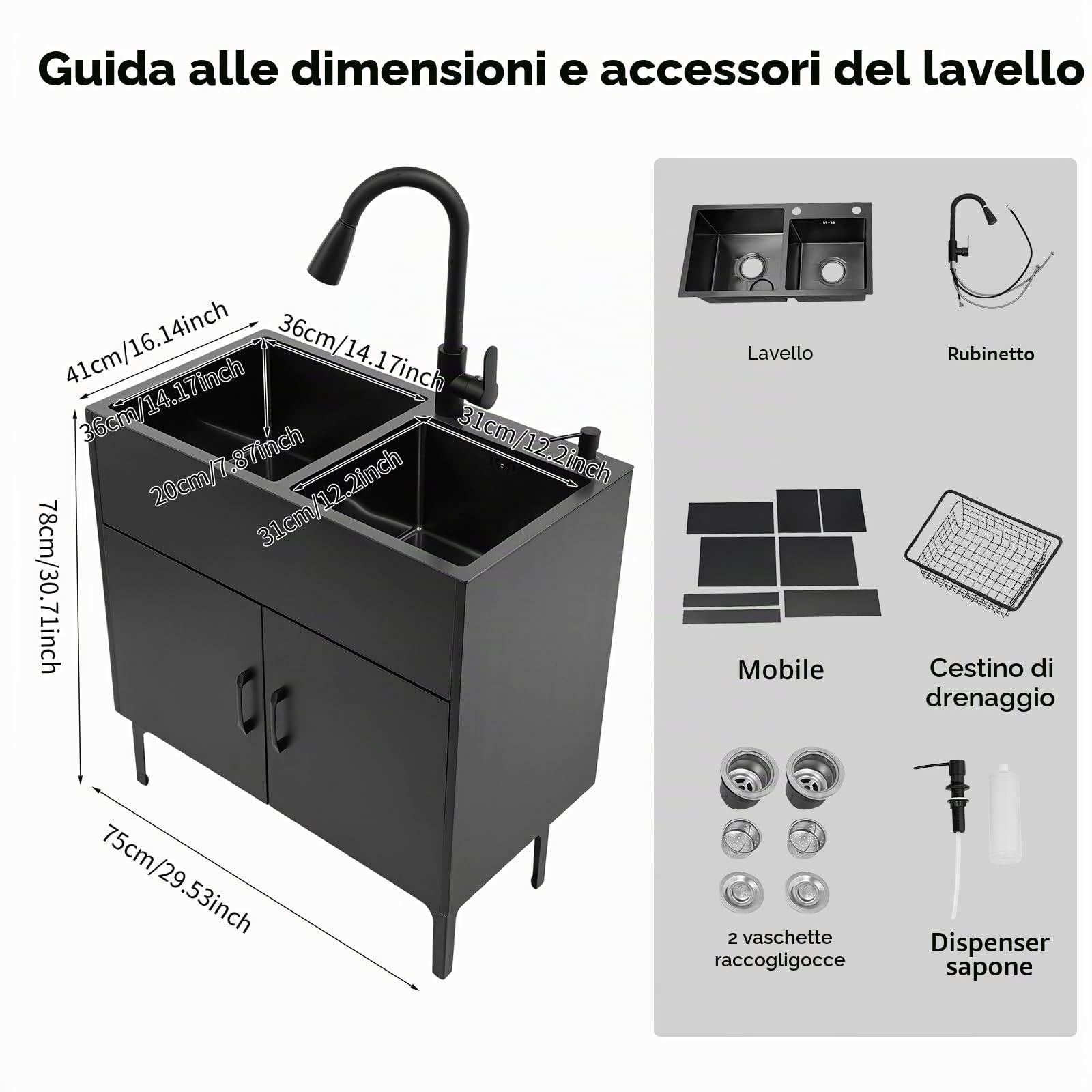 Lavello in acciaio INOX con sottolavello, 75 x 41 x 78 cm, indipendente, multifunzione, set con rubinetto estensibile, armadio, distributore di sapone e scola piatti per cucine e ristoranti