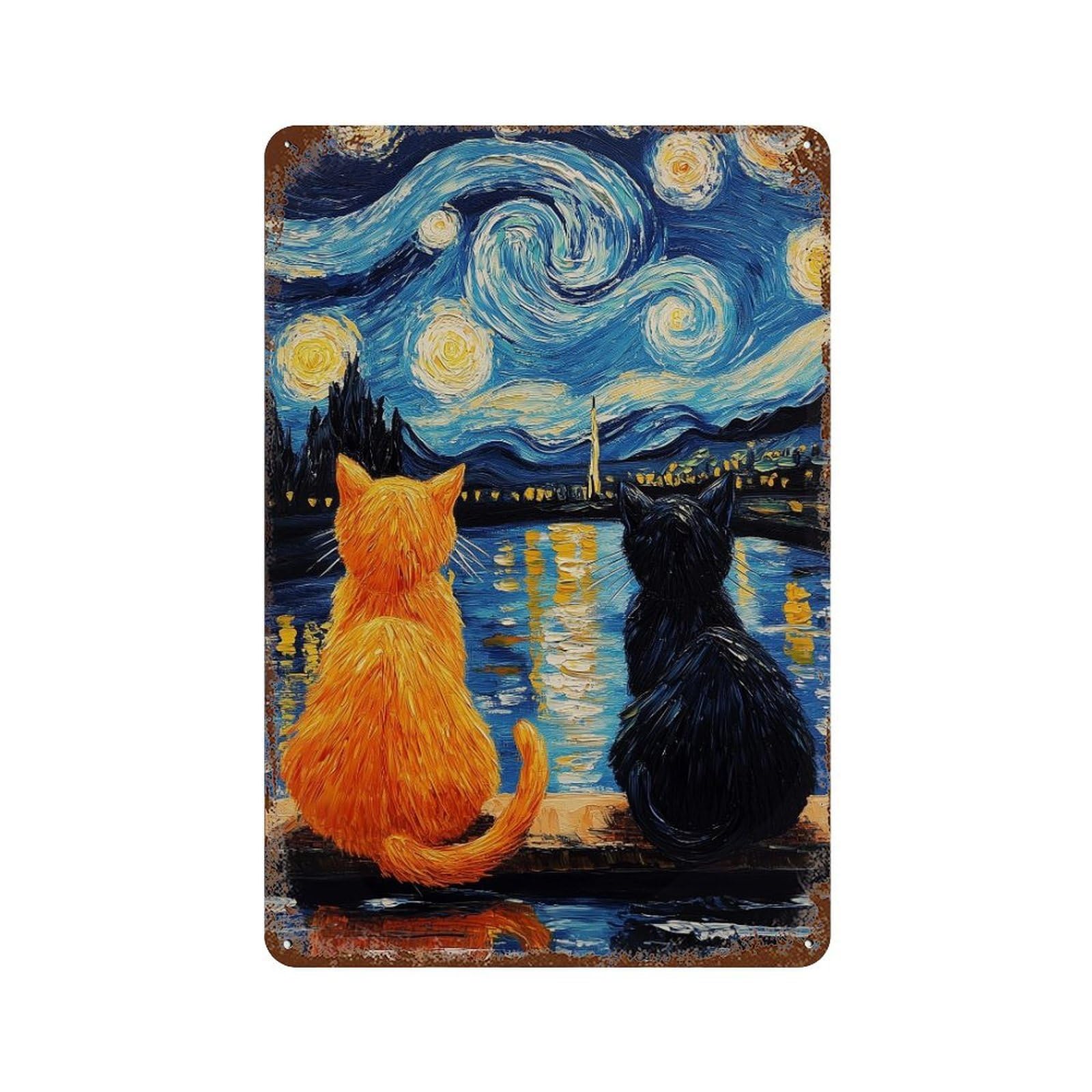 Rust Effect Starry Night Cats Reflection -1 Aged Metal Wall Plaque 11.8"x7.9", Shabby Chic Decor for Living Room, Hallway And Home Decor