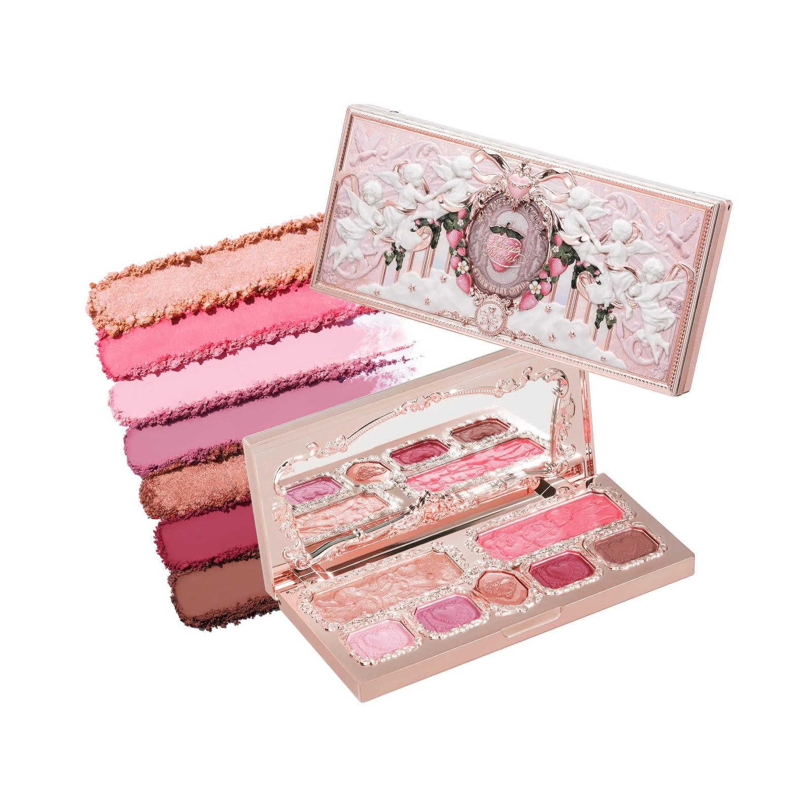 Flower KnowsStrawberry Cupid Makeup Palette,Eyeshadow,Blush,Highlighting & Contour All-in-One Face Makeup Palette with 4 Matte+3 Shimmer Pink Shades(S02 Cupid's Mischief,0.49 Oz)