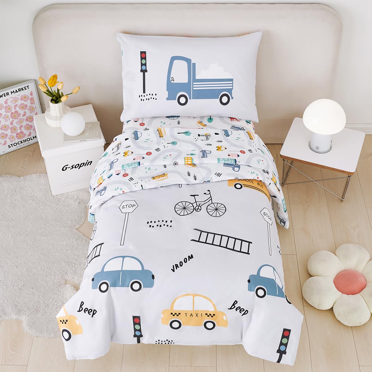 STYHO Duvet Cover Sets Double Reversible Light Grey Taxi Cars Bedding Ultra Soft Microfiber Vehicles Kids Duvet Bedding Set for All Season(Light Grey - Image 4