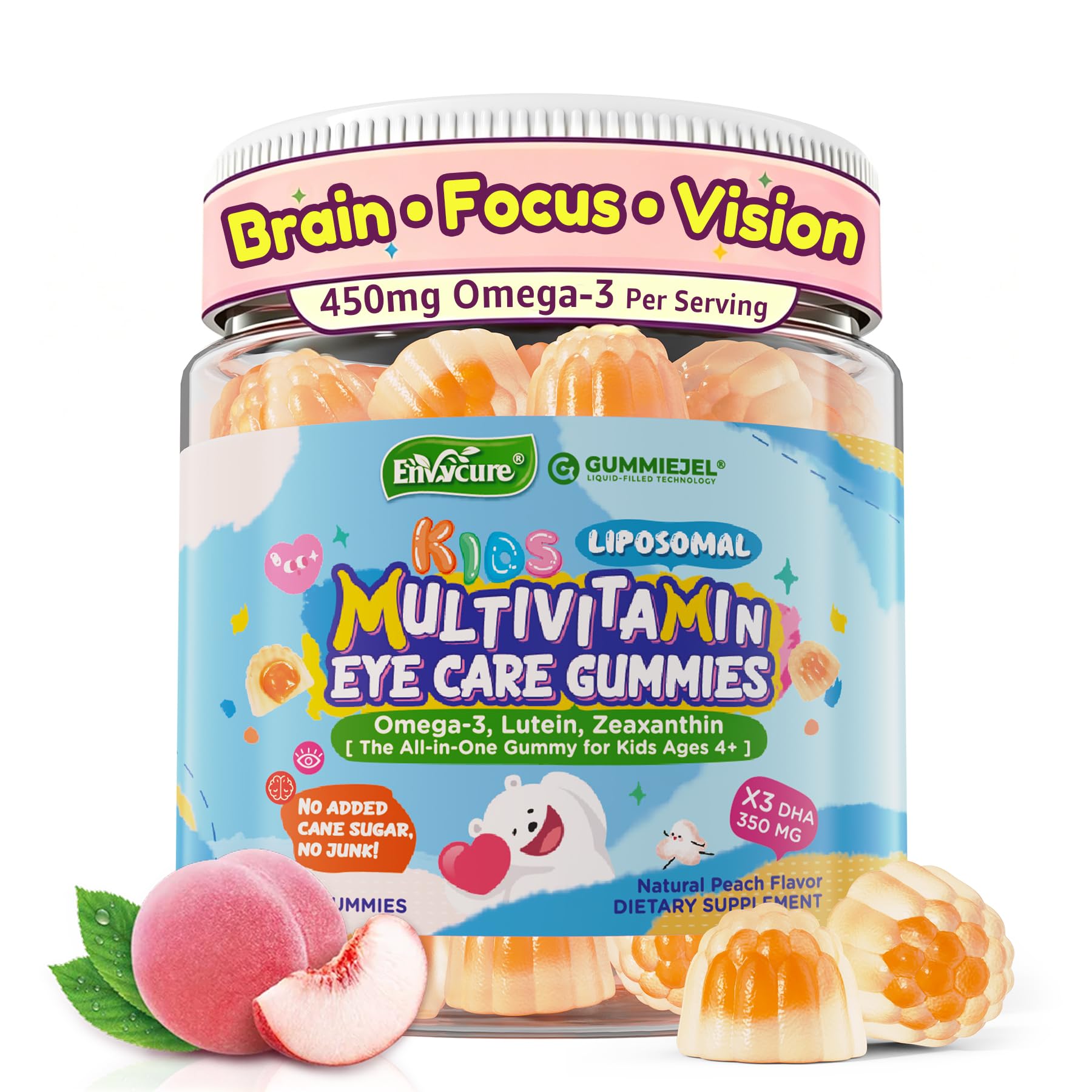 Kids Multivitamin Gummies + Iron, Kids Focus Gummies w/ Omega-3 for Brain | Attention, Memory, Vision, w/ Lutein, Methylated Folate & B12, Probiotics, Fiber, Children Vitamins for Growth 60 Ct