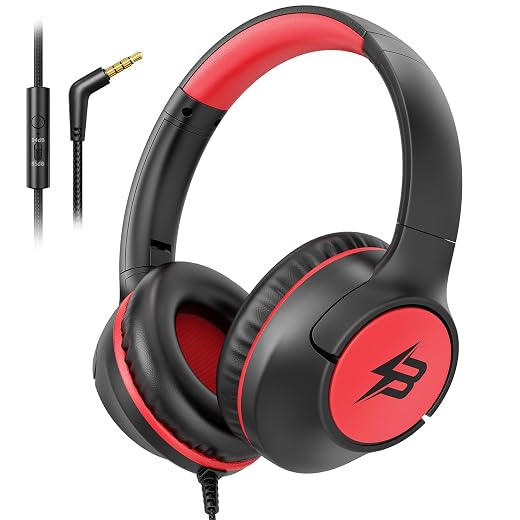 Wired Headphones for Kids for School, 3.5mm Cord 85/94dB Volume, Black Red | Over Ear Headphones with Microphone for Kids Boys Girls Toddler, Plug in Headphone for Kindle Tablet Computer Airplane Travel