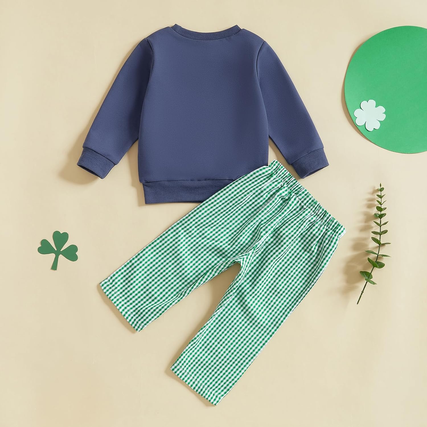 Toddler Baby Boy St. Patrick's Day Outfit Clover Embroidered Long Sleeve Sweatshirt Plaid Pants Set 2Pcs Clothes - Image 4
