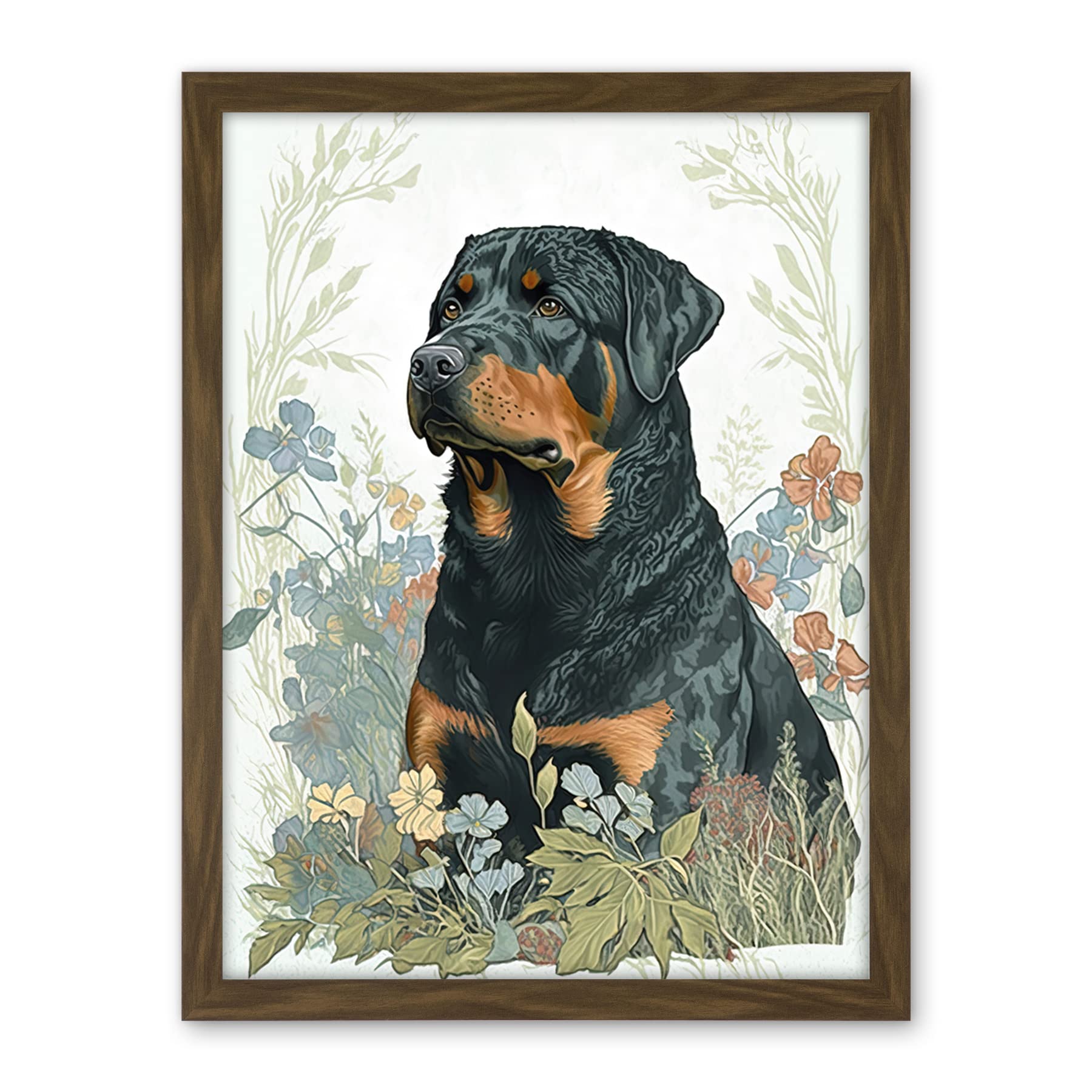Artery8 Rottweiler Dog Sitting in Flower Field Modern Watercolour Illustration Artwork Framed Wall Art Print 18X24 Inch