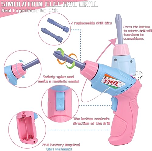 Miniatura 2 de Juego de herramientas para niños, 48 piezas con taladro de juguete electrónico y cinta métrica para niños, disfraz de juguetes de construcción con