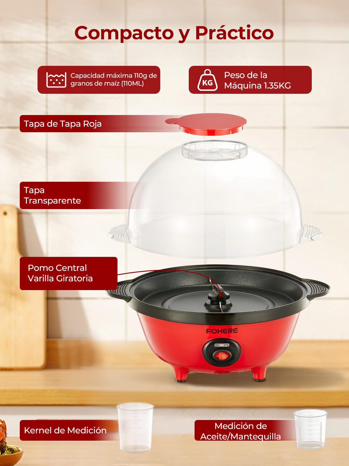 FOHERE 4,5L Palomitero, 700W Maquina Palomitas Incluye 2 Tazas Medidoras de Granos de Maíz, Azúcar y Aceite, Agitación Automática Electrico Palomitera para las Vacaciones y las Noches de Cine, Rojo