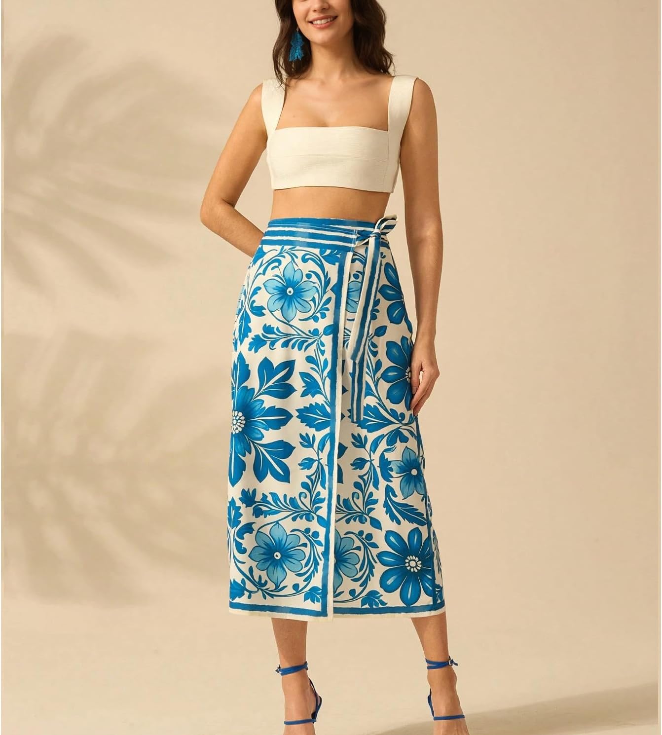 Womens Floral Wrap Midi Skirt Summer Adjustable Tie Side Casual High Waist A Line Beach Boho Long Flared Skirts - Image 7