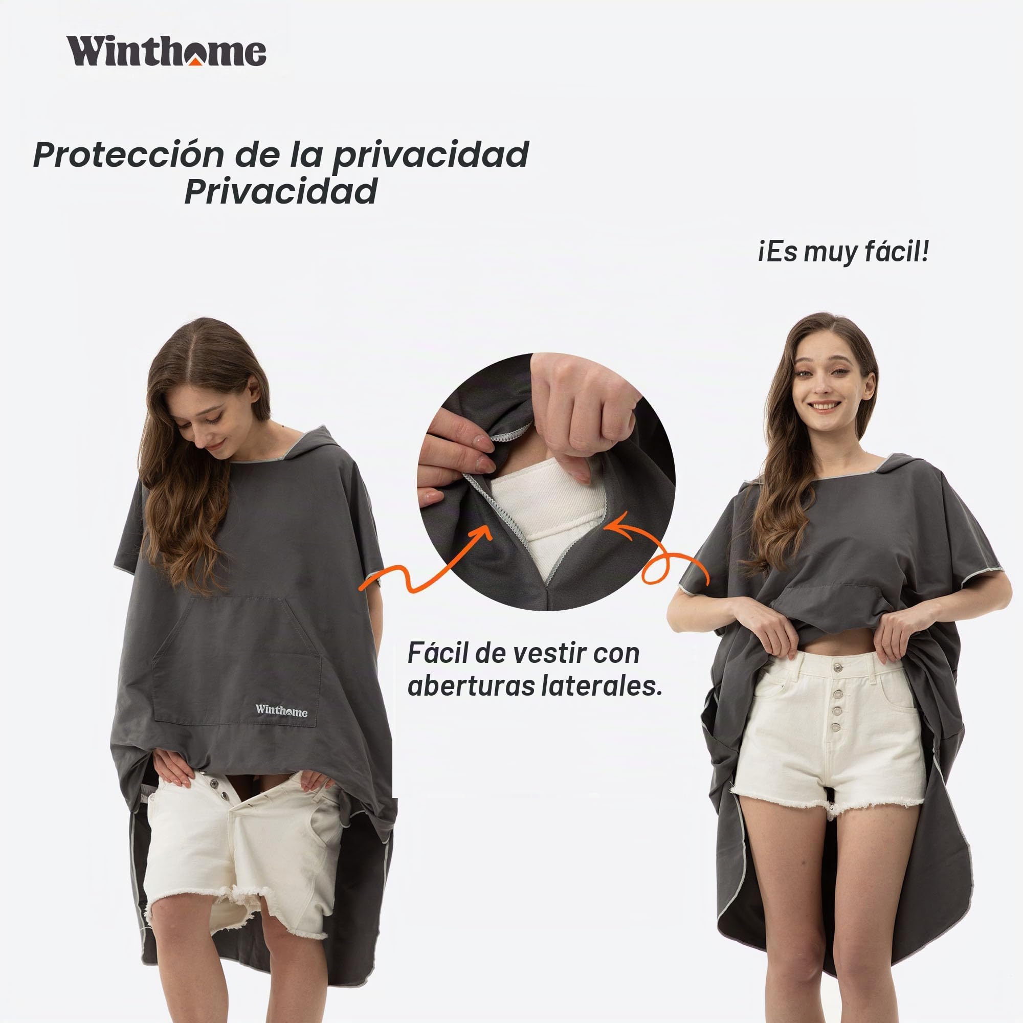 Winthome Poncho Surf Secado Rápido, Poncho Microfibra Ayuda de Cambio de Playa, Bata de Baño con Bolsillo y Capucha, Manta Poncho para Hombre Mujer, Natación Surf Playas Duchas, Viajes (Gris, M)