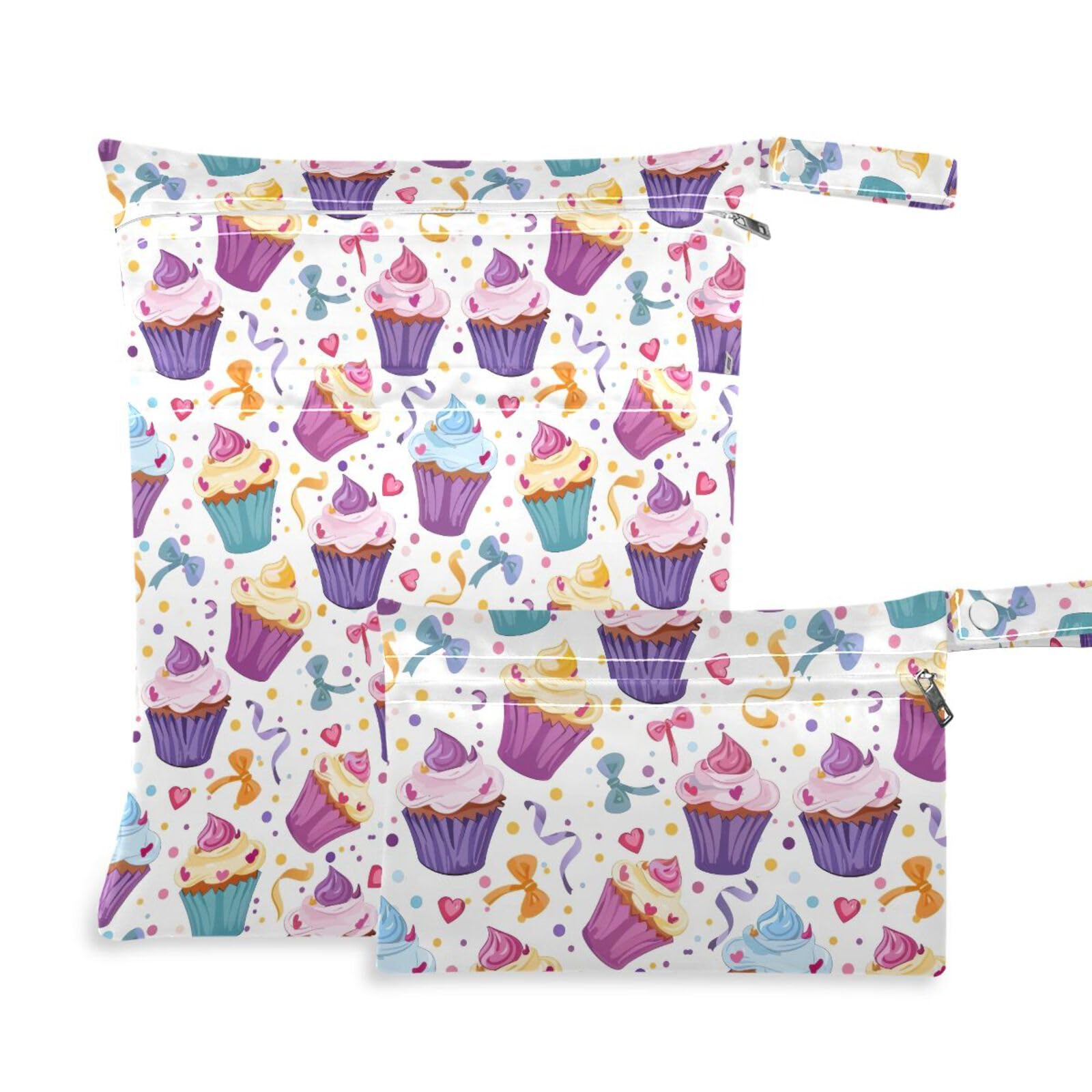 Coikll Wet Dry Bags for Cloth Diaper 2 Pack Waterproof Yoga Gym Bag for Swimsuit Wet Clothes Baby Items-?Cute Cupcake?