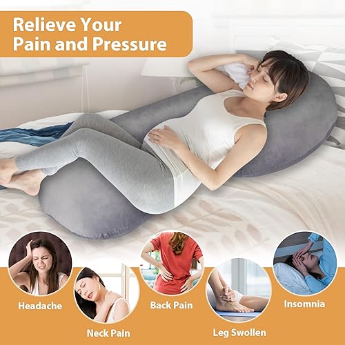 Miniatura 6 de Almohadas de embarazo en forma de C, almohada de maternidad de cuerpo completo de 53 pulgadas con funda de terciopelo lavable, almohada de apoyo de
