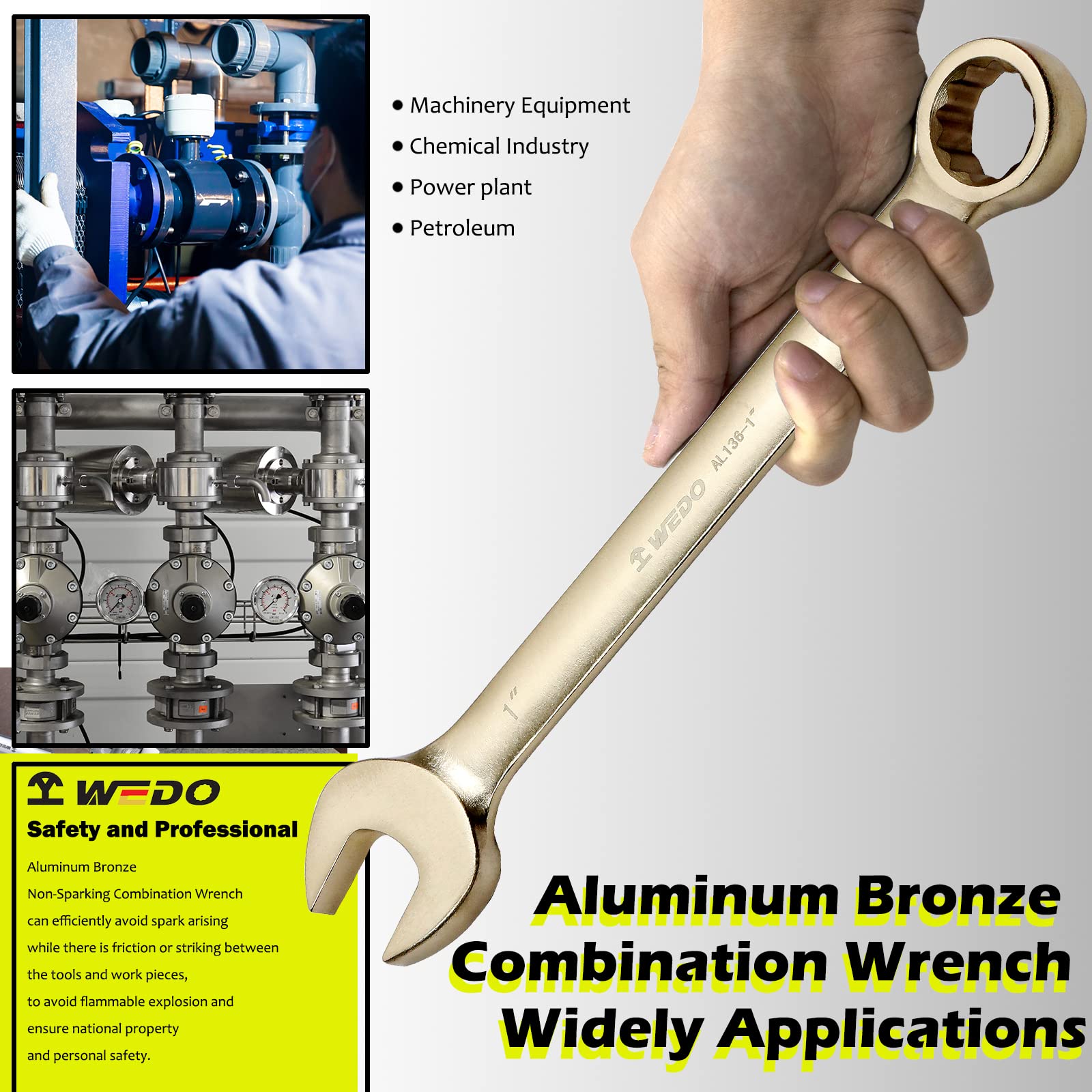 WEDO Klucz płasko-oczkowy bez iskier, klucz płasko-oczkowy zabezpieczający, aluminiowy brąz, matryca, DIN 3113, certyfikat BAM i FM, rozmiar 1-3/16 cala, długość 320 mm