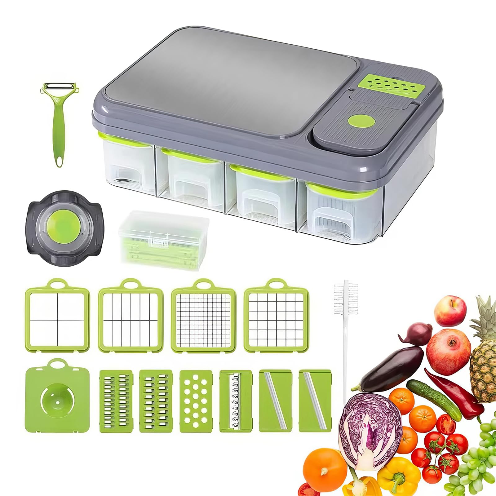 Gemüsezerkleinerer, Lebensmittelzerkleinerer, Salat, Zwiebelzerkleinerer,28 Stück,Mandolinen-Gemüseschneider, Gurkenschneider,4 Behälter Abtropfkorb, Schneidebrett,Knoblauch-Kartoffelsalat-Würfel