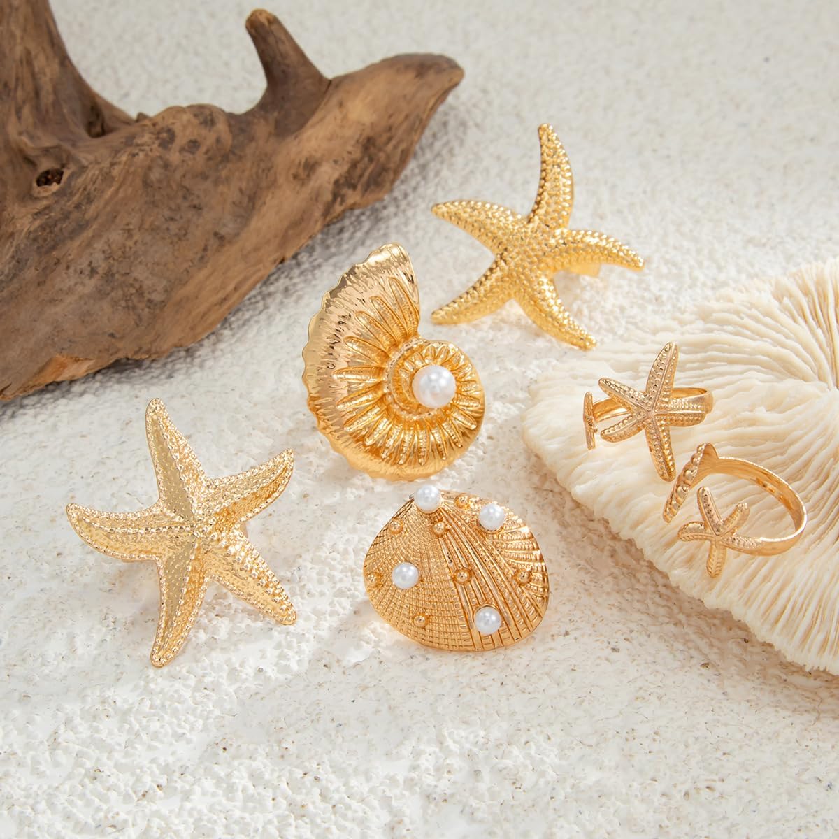 MIFYNN Chunky Gold Starfish Seashel Ring for Women Dainty Conch Pearl Ring Set Boho Ocean Stackable Rings Fashion Adjustable Beach Statement Rings Set Summer Charm Jewelry for Women - Image 6