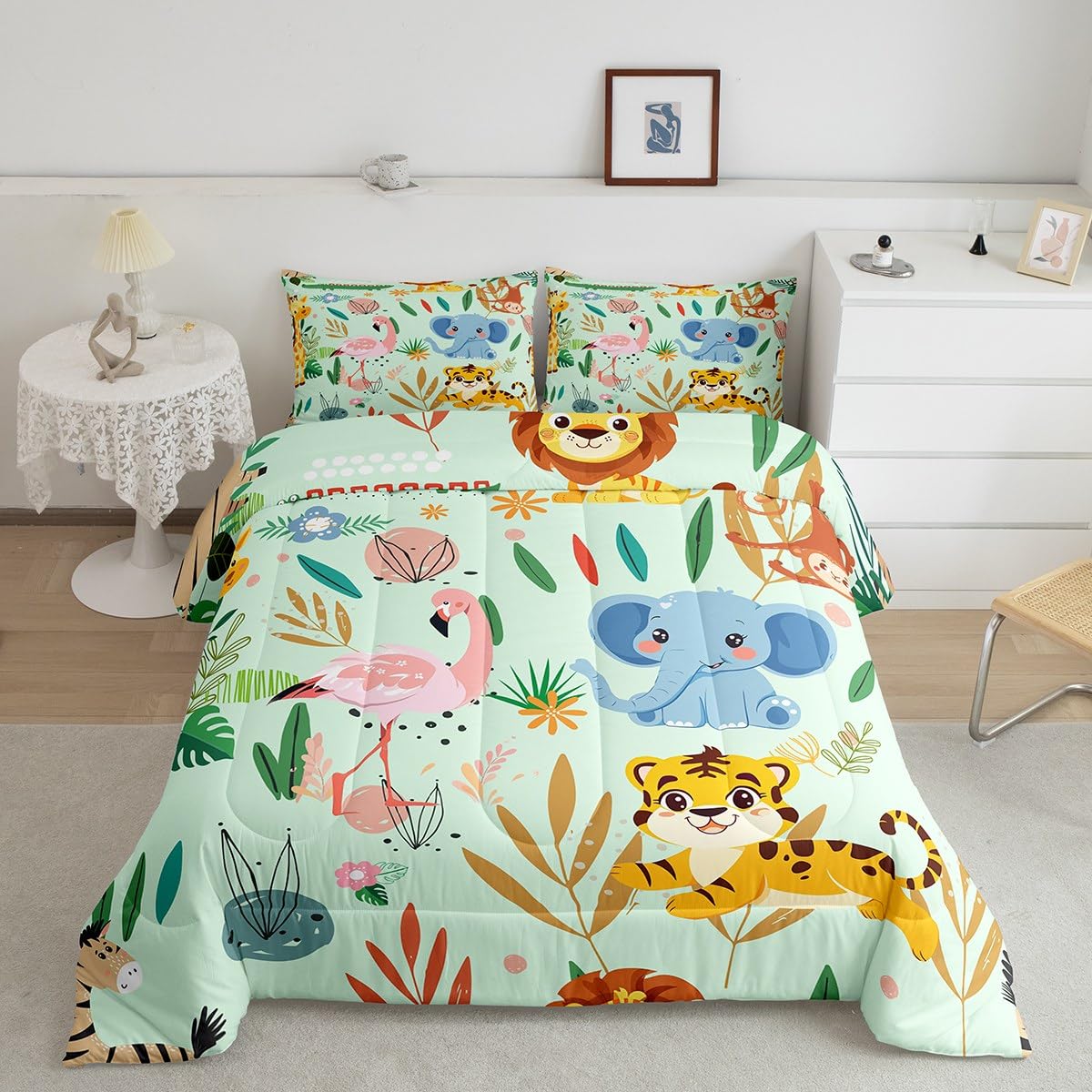 Feelyou Nursery Cute Wild Animals Kids Bedding Set Queen Size for Girls Boys Child Cartoon Lion Giraffe Elephant Comforter Decor Nature Wildlife Comforter Set Zoo Animal Theme Duvet Quilt Set