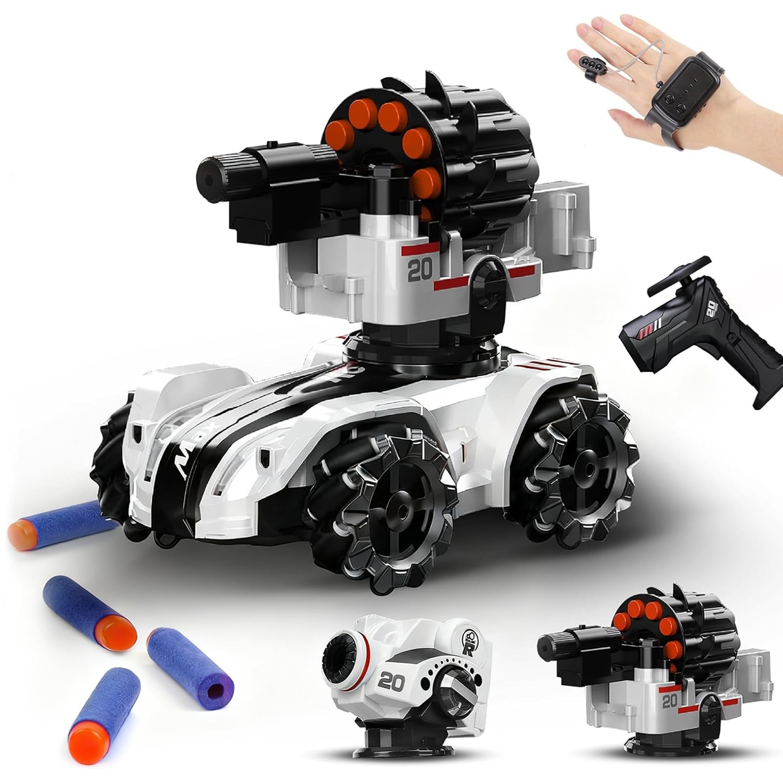 Coche de Control Remoto, 2.4GHz Gestión RC Car 360° Rotación Drifting 4WD Battle Stunt Car 2 torretas reemplazables Música Control Remoto Tank Blow Bubble Shoot Espuma Dardos Juguete Regalos