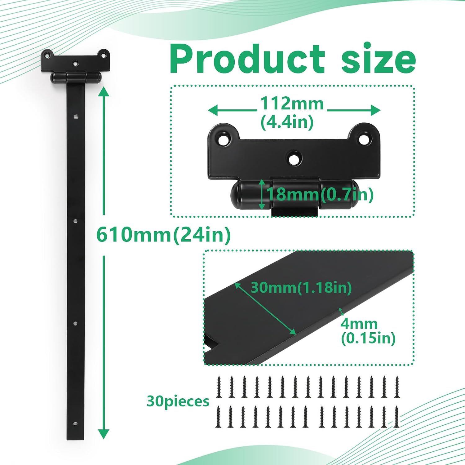 24-inch Heavy Duty Gate Hinges, 4 Pack 4mm Thick Barns Black Door Hinges with 30 Mounting Screws, T-Shaped Heavy Duty Hinges fit for Gates, Sheds, Barns, Garden gate, Garage Door (4 Pack)