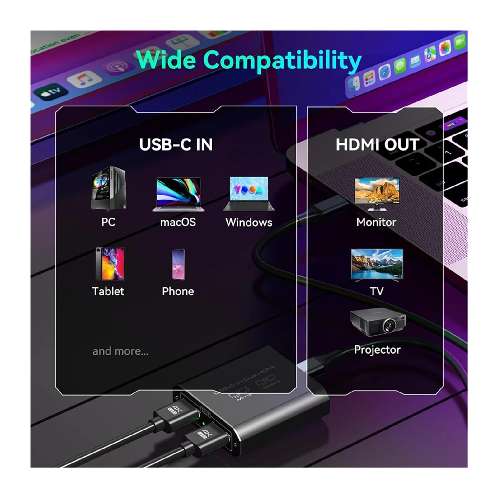 Adattatore 4K 60Hz da 3 a doppio USB C tipo a hub splitter 1 ingresso 2 uscite MST esteso for laptop