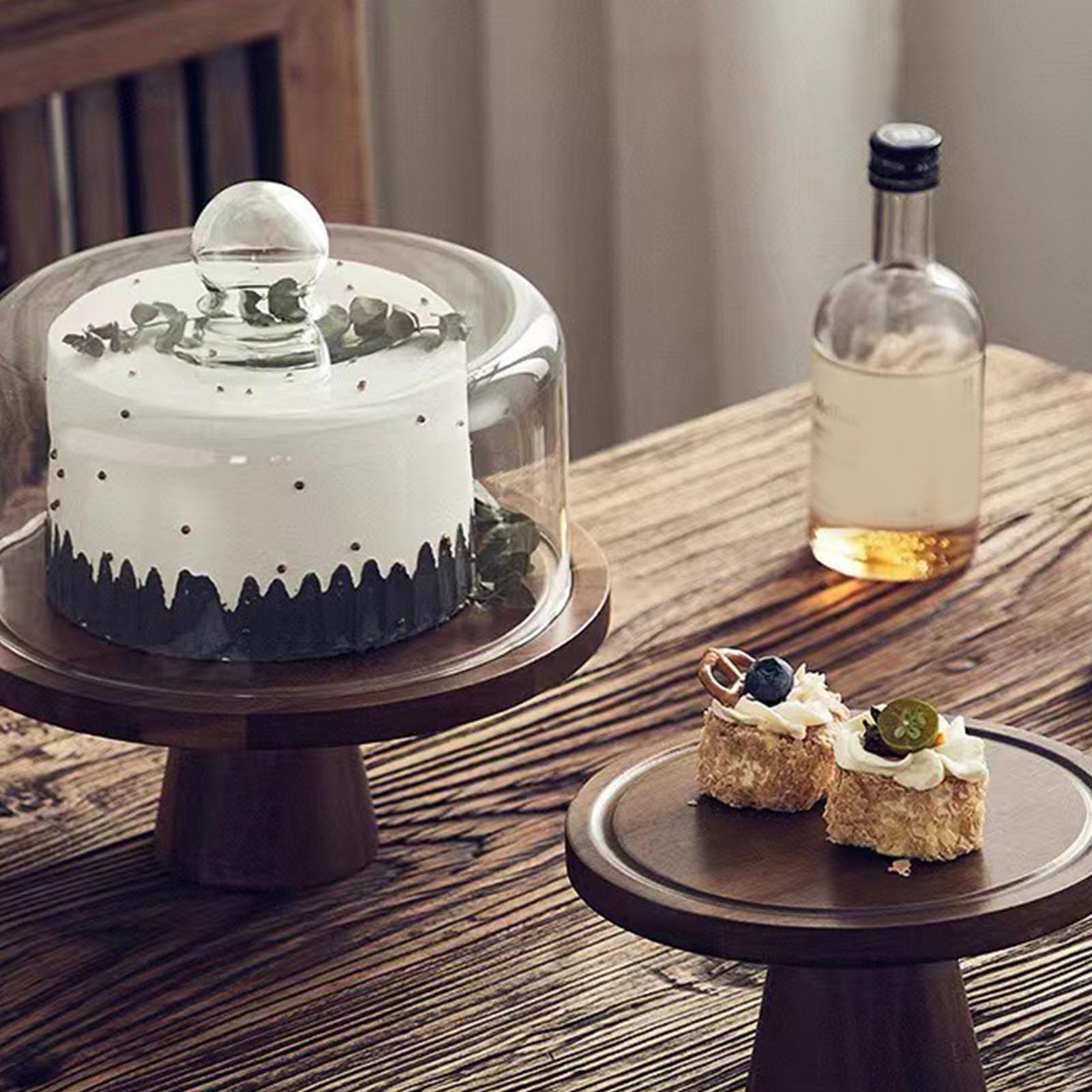 Pssopp Support à Gâteau en Bois avec Couvercle en Forme de Dôme en Verre, Base Stable, Protège de la Poussière, Plateau de Service à Dessert pour Mariage, Anniversaire, Fête, thé (Grande)