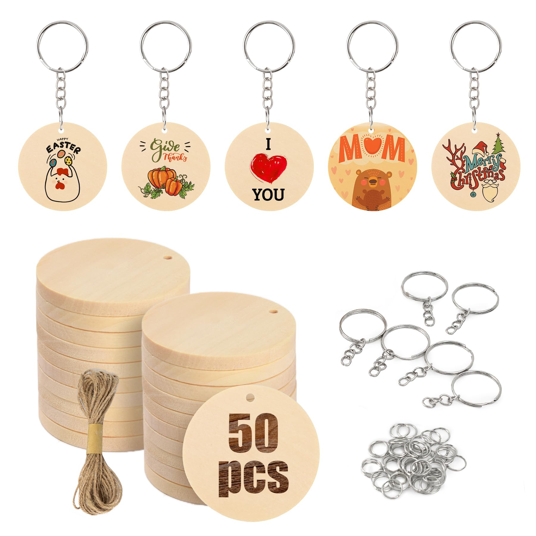 Luckforest 50Pcs Natural Wood Slices, 1.5 inch Unfinished Wood Sign, Unfinished Log Discs Wooden Circles with 50 pcs Key Rings for DIY Crafts
