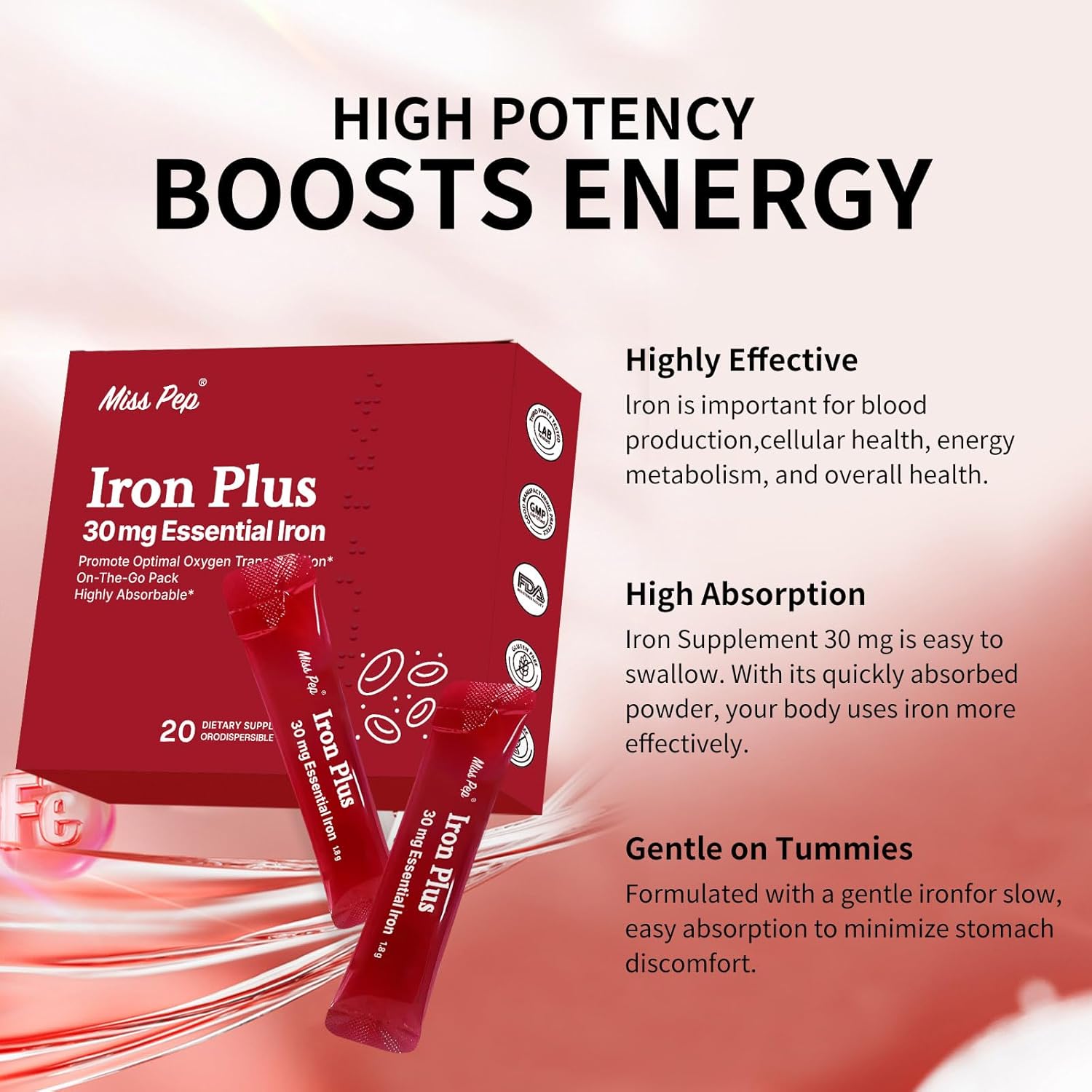 Iron Supplement, 30 Mg Iron Supplement for Women and Men, Promotes Red Blood Cell Production, Supports Iron Deficiency in Adults, 20 Ready-to-Drink Powder Sachets - Image 2
