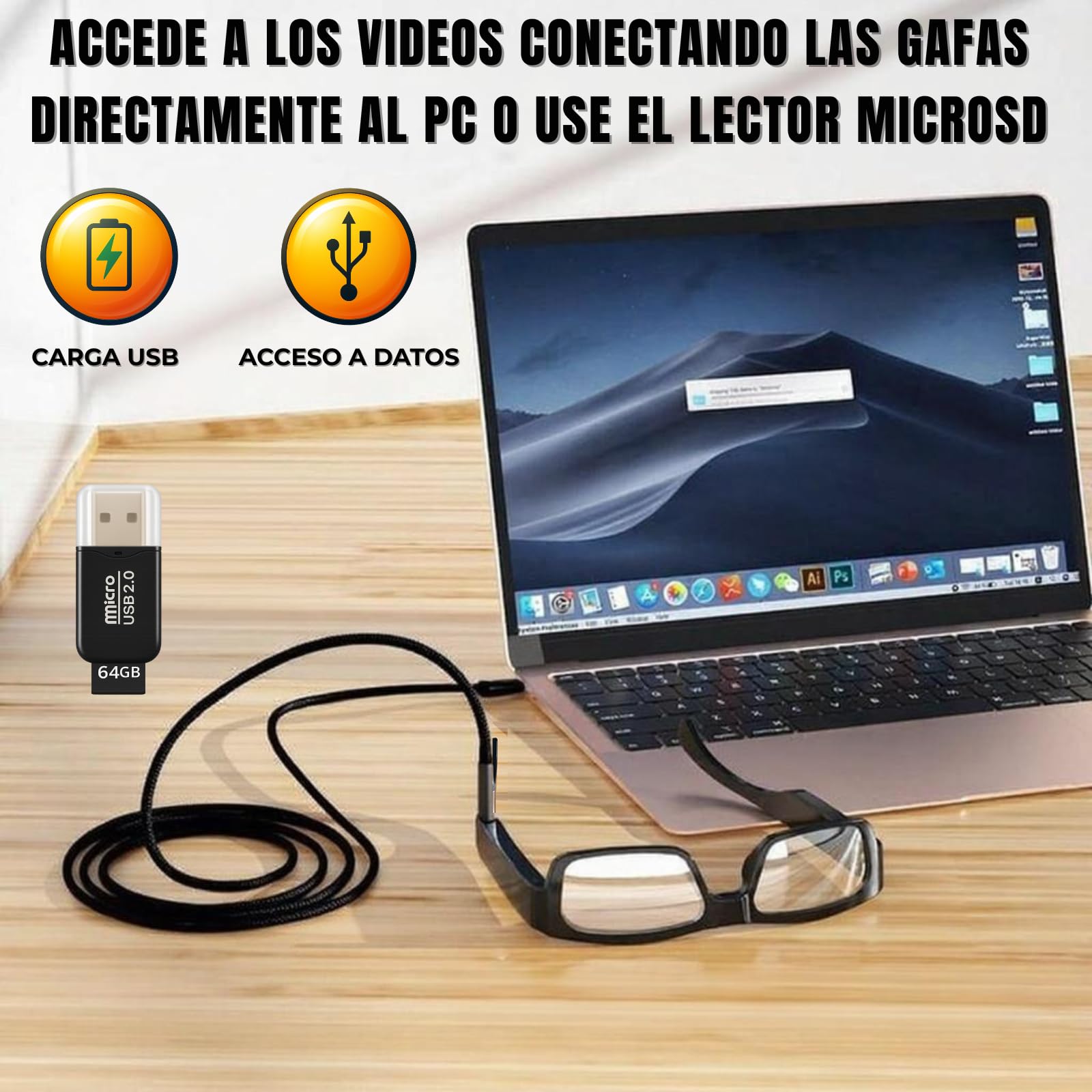 Mini Camara Espia Oculta Camuflada, Gafas con Camara Sin AGUJERO DE LENTE, FULL PACK (MicroSD 64GB C10 + Lector + OTG Type-C para Ver en el Móvil + Funda), Sin LUZ DE GRABACIÓN, Grabación en Bucle.