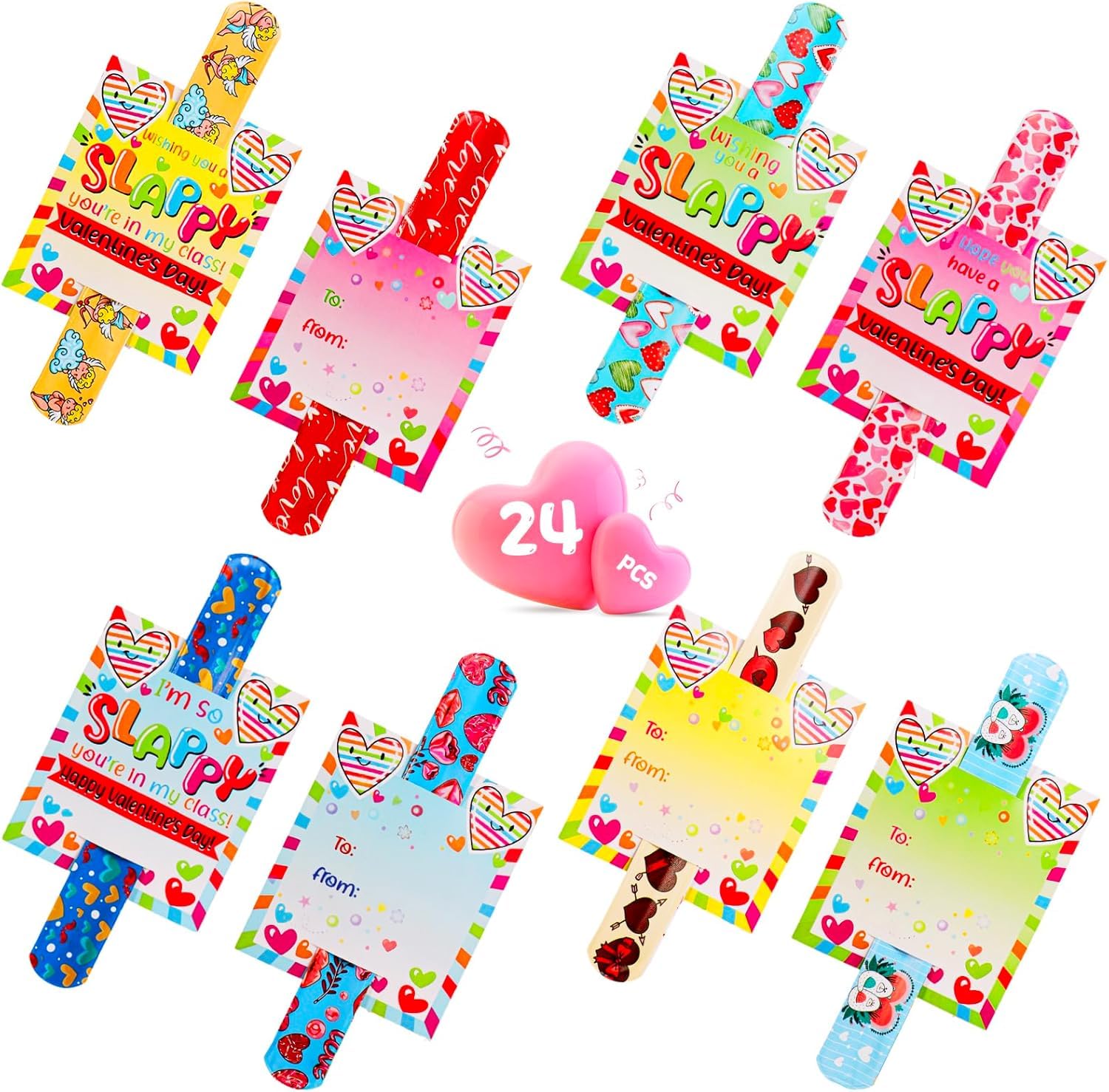 Amyang Valentine Gifts for Kids: 24Pcs Slap Bracelets & Cards for Classroom, School Game Prizes