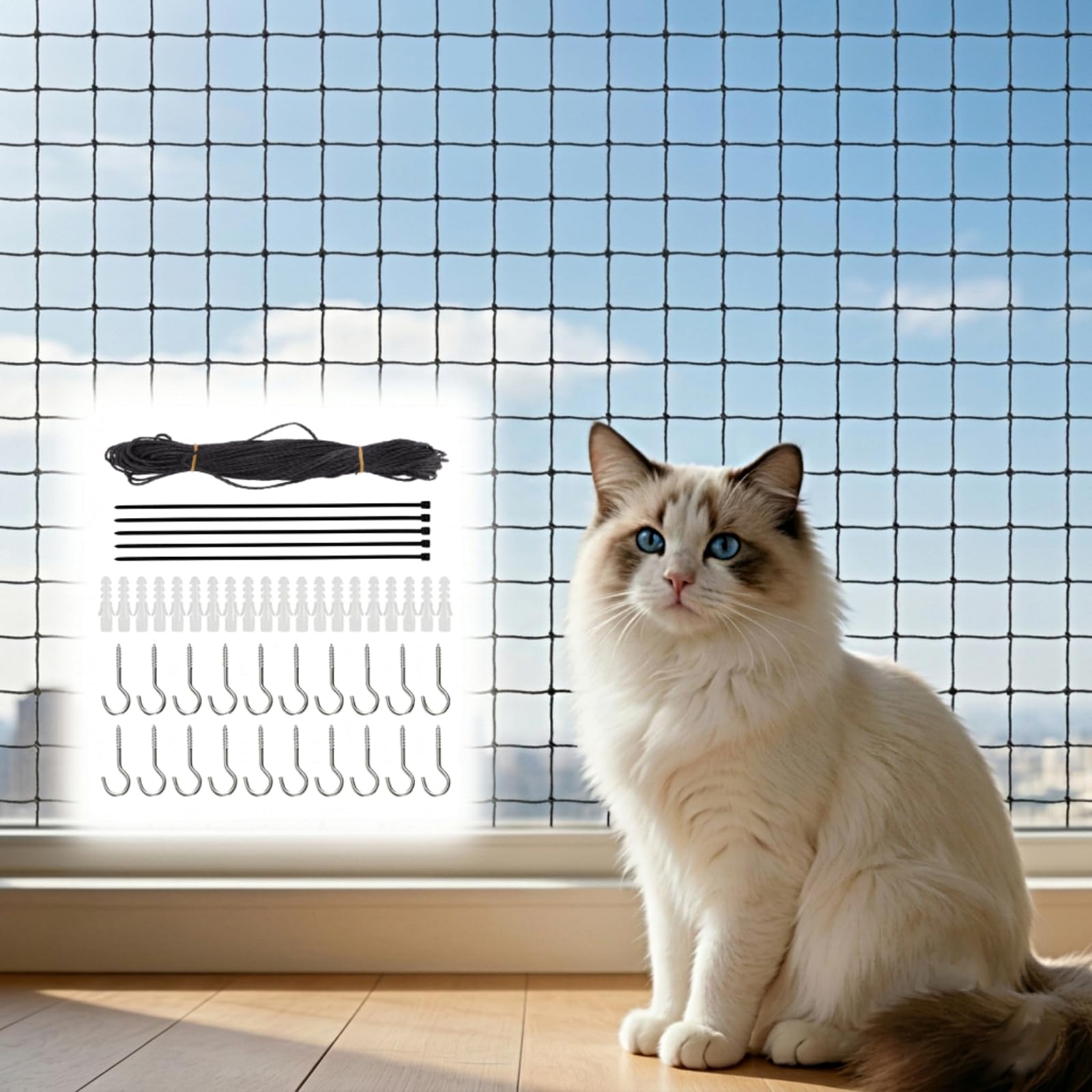 6x3m Katzennetz Drahtverstärkt für Balkon mit Montagezubehör Schwarz | Reißfest und Bissfest und alterungsbeständig durch Nylon(HDPE) und Stahldrahtmaterial, Für Balkonen Fenstern Türen Zäunen
