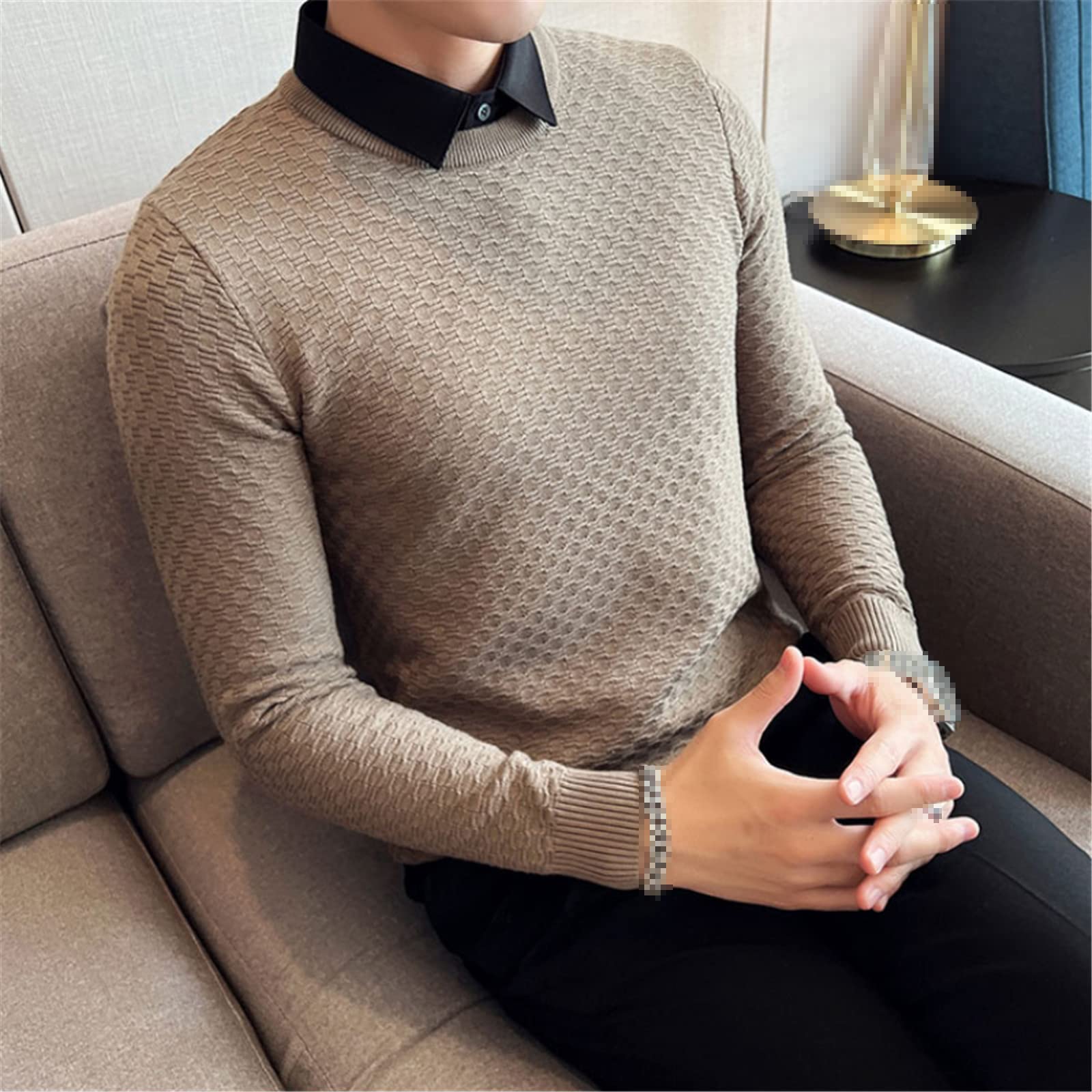 Hombres falsos de dos piezas camisa cuello jersey jersey slim fit manga larga prendas de punto tops